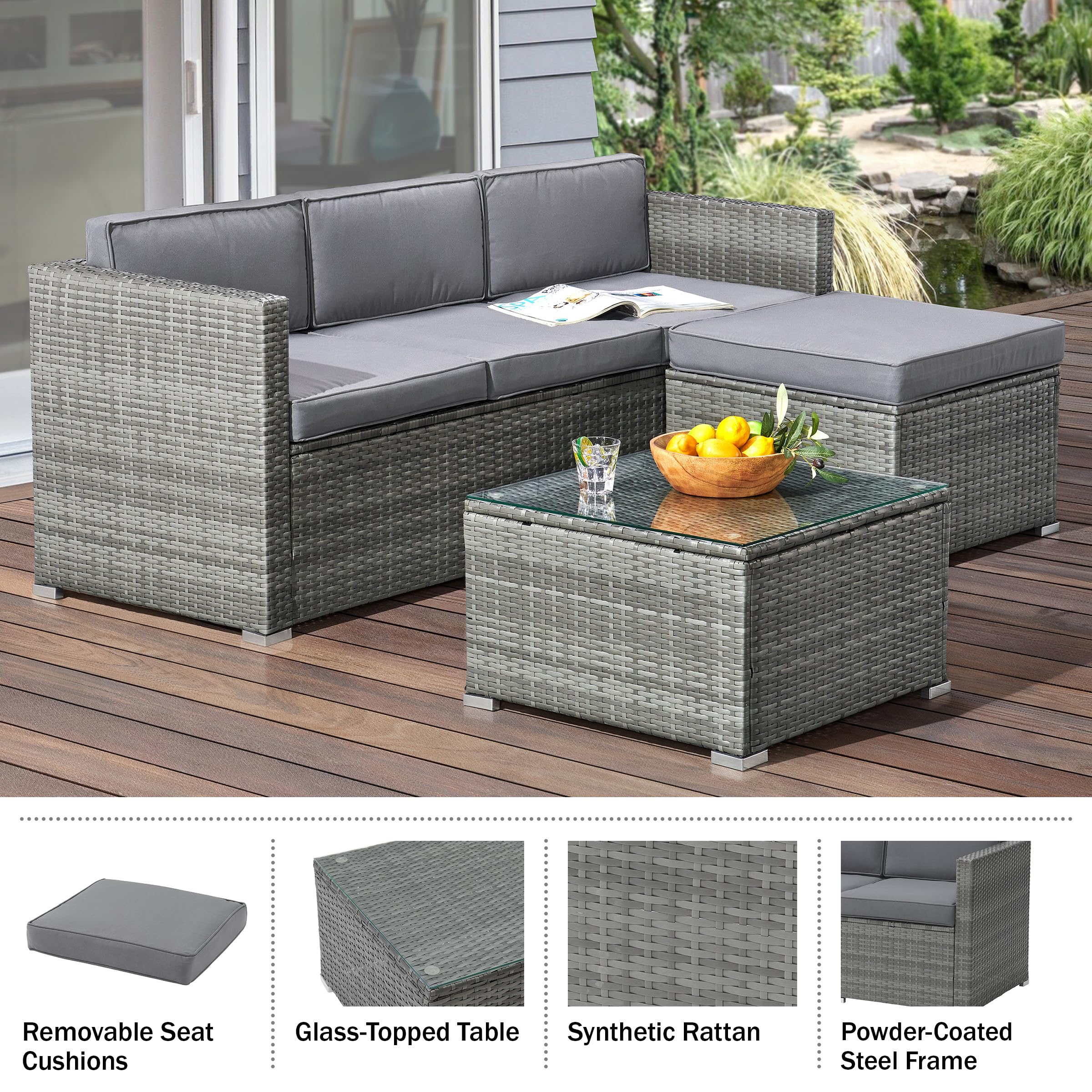 Premium 3-Piece Rattan Patio Furniture Set - Outdoor Sectional Sofa with Ottoman & Coffee Table - Weather-Resistant Gray Wicker Deck, Poolside, Backyard or Sunroom Lounge Set for Relaxing & Entertaining