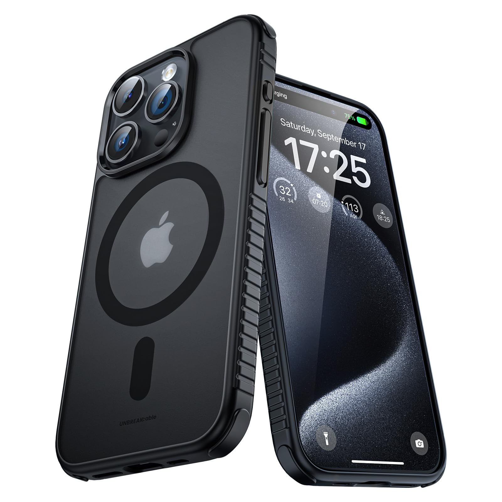 UNBREAKcable Magnetic Case for iPhone 15 Pro Max - Military Grade Shockproof, Non-Slip, Translucent Matte Back Soft Silicone Protective Cover with MagSafe Compatibility (Black) - Perfect for Outdoor Adventures, Work & Daily Protection