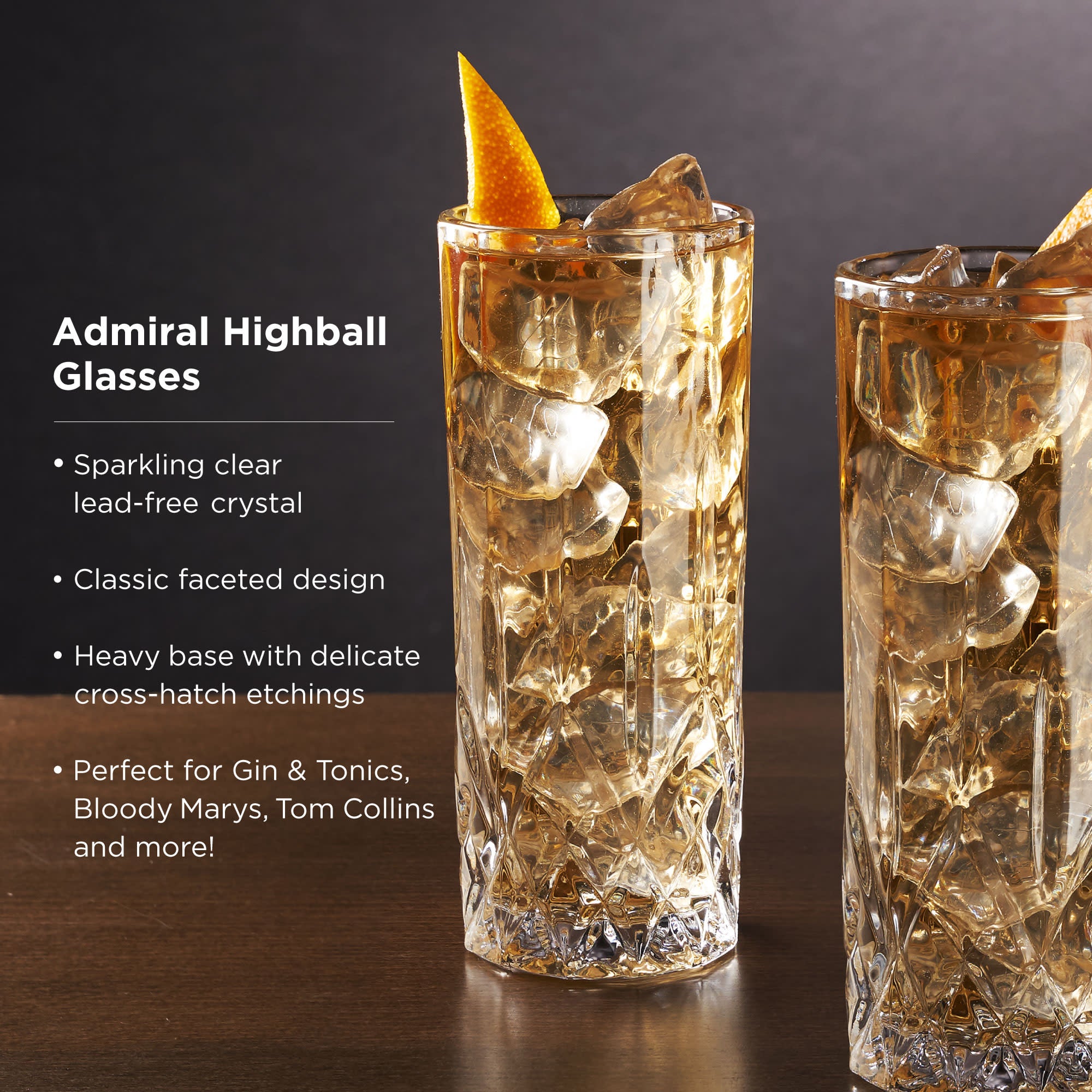 Premium Admiral Highball Glasses - Set of 4 Crystal Clear Bar Glasses for Cocktails, Whiskey, and Iced Drinks - Perfect for Home Bars, Parties, and Entertaining Guests