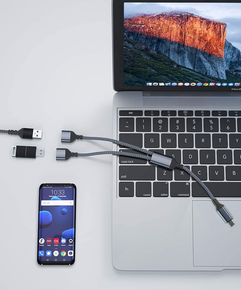 Basesailor USB C to Dual USB A Splitter Cable 1FT - Thunderbolt 3 to USB 2.0 OTG Adapter for iPhone 16/15 Pro Max, MacBook Pro, iPad Air 5/4, Mini 6, Surface, Galaxy S24 - Charge & Sync 2 Devices Simultaneously for Home, Office & Travel