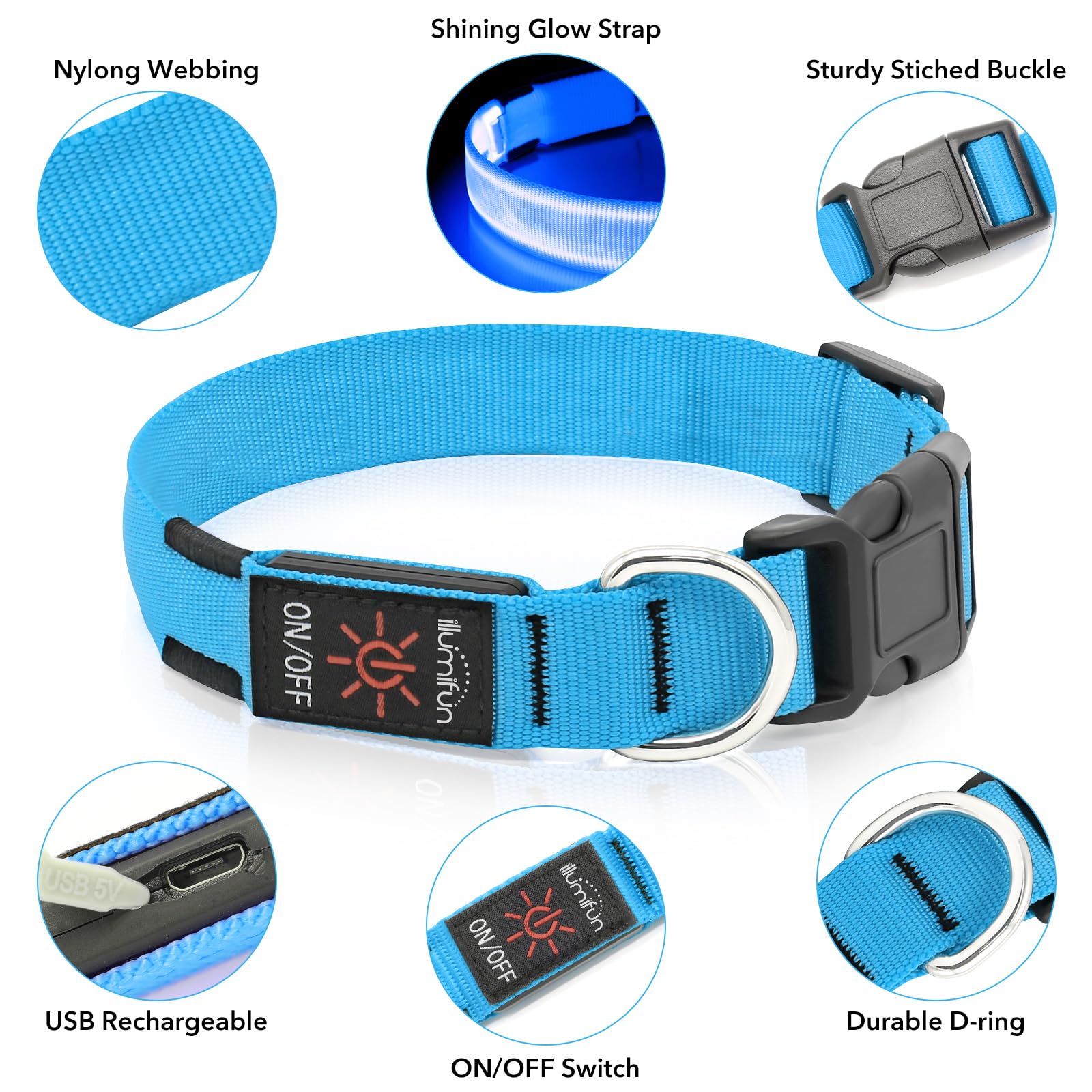 Illumifun USB Rechargeable LED Dog Collar - Glow in The Dark Adjustable Safety Light for Night Walking - Waterproof Reflective Pet Collar for Small/Medium Dogs (Blue) - Perfect for Evening Walks, Jogging & Outdoor Adventures