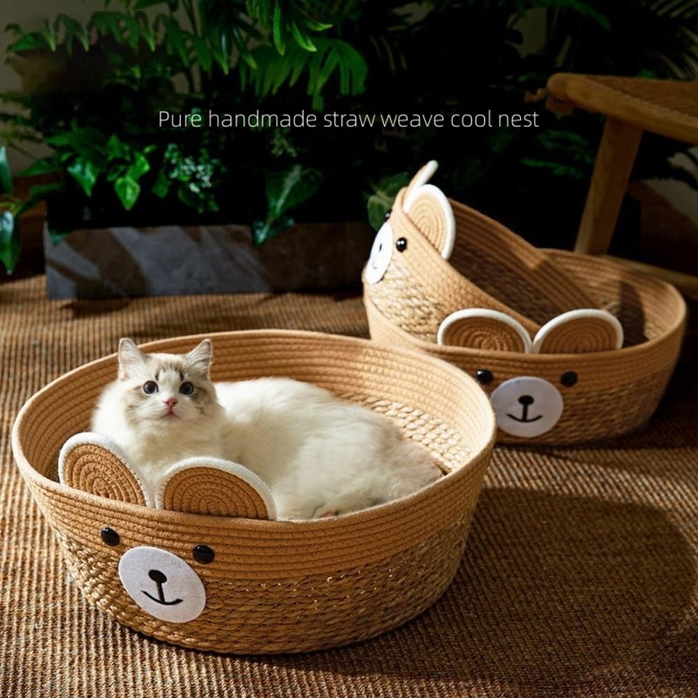 Premium Cat Hammock - Summer Cool & Comfortable Wicker Cat Cage, Hanging Cat Nest for Balcony, Sunbathing Cat Bed - Pet Supplies (Brown Cat Ear Design, Medium Size) | Perfect for Indoor/Outdoor Use, Lounging & Relaxation