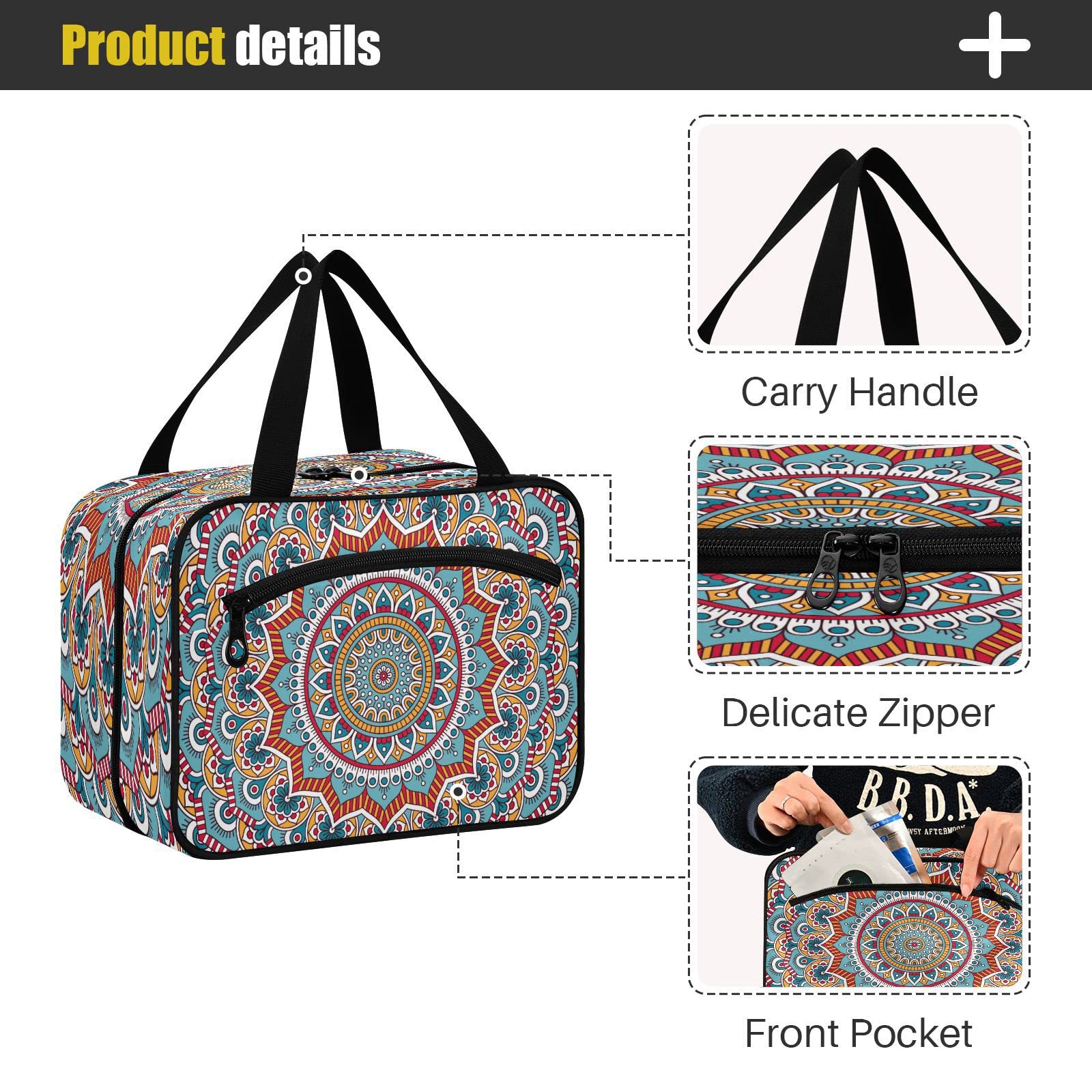 Waterproof Hanging Toiletry Bag for Women - Large Mandala Flower Cosmetic Organizer with Multiple Pockets | Travel Makeup Case for Girls, Perfect for Camping, Gym & Vacation