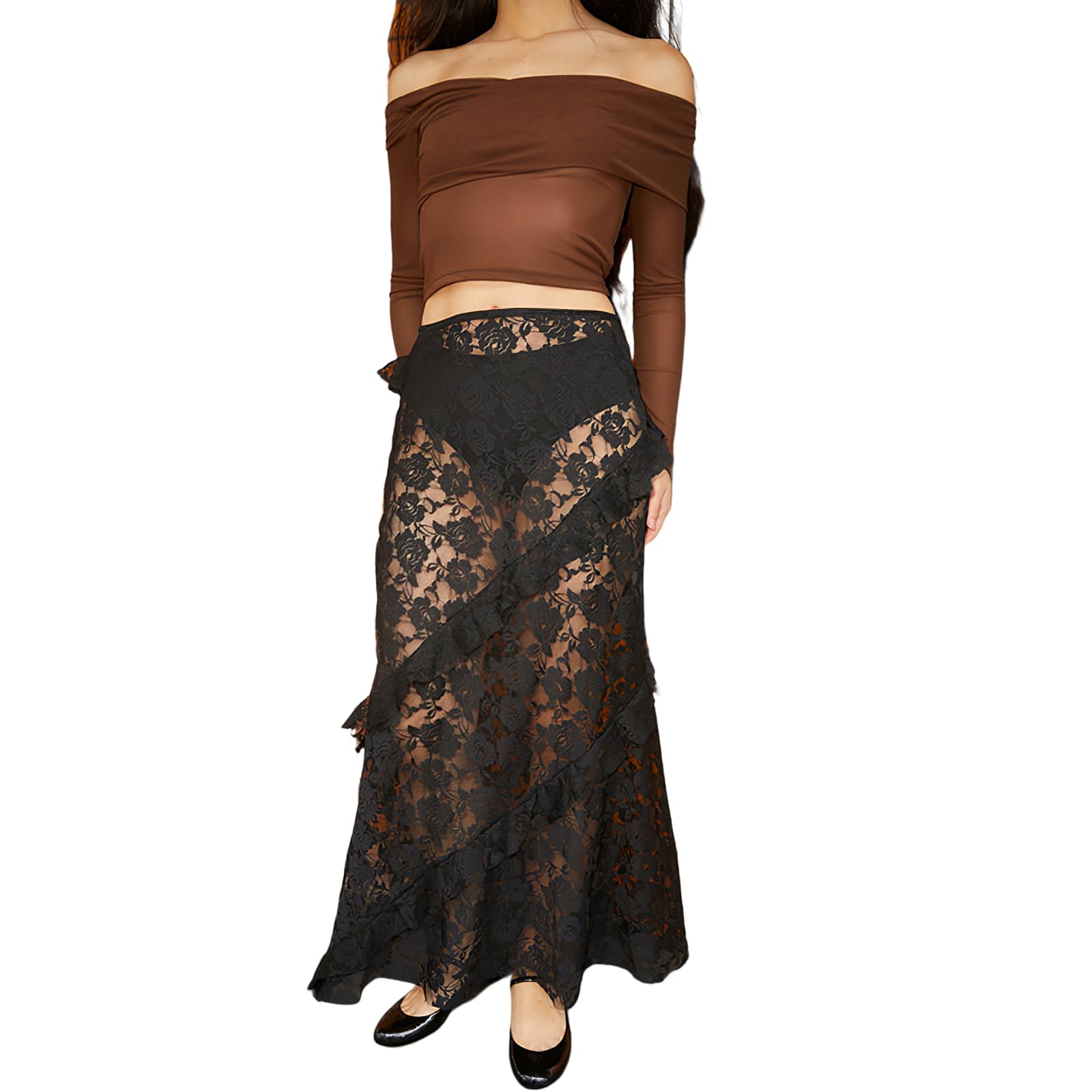 TIAFORD Women's Lace Skirt - Y2K Summer Boho Sexy See-Through Flowy Elastic Waist Asymmetrical Layered Hem Long Skirt for Beach, Music Festivals & Date Nights