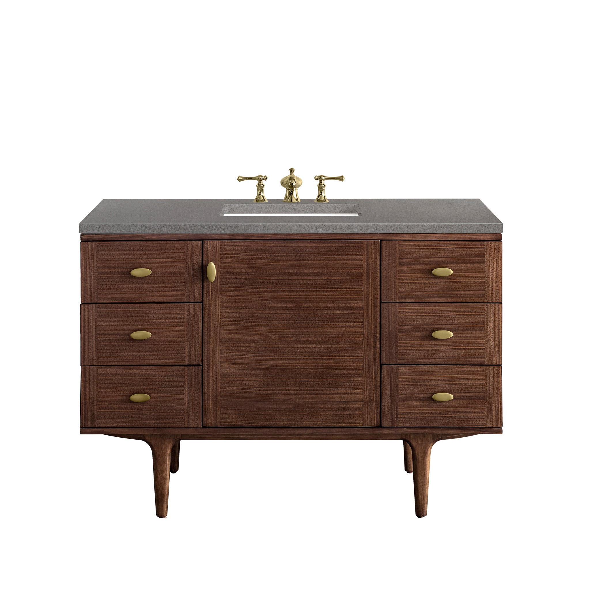 Amberly 48 Inch Single Bathroom Vanity - Mid Century Modern Walnut Wood with 3CM Gray Expo Top for Small Bathroom Remodel & Apartment Upgrade