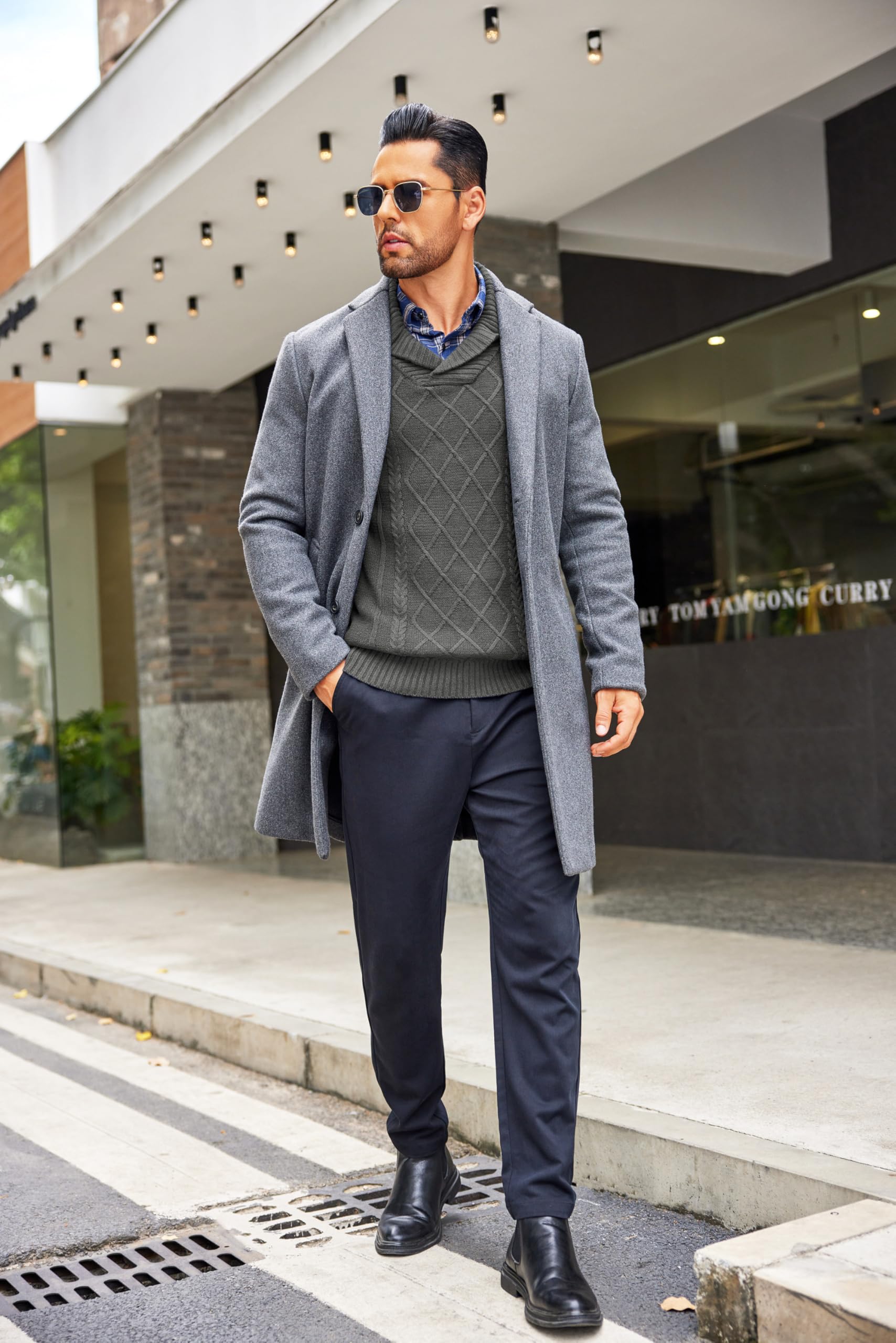 COOFANDY Men's V-Neck Cable Knit Sweater - Shawl Collar Relaxed Fit Pullover for Casual Wear & Winter Outfits