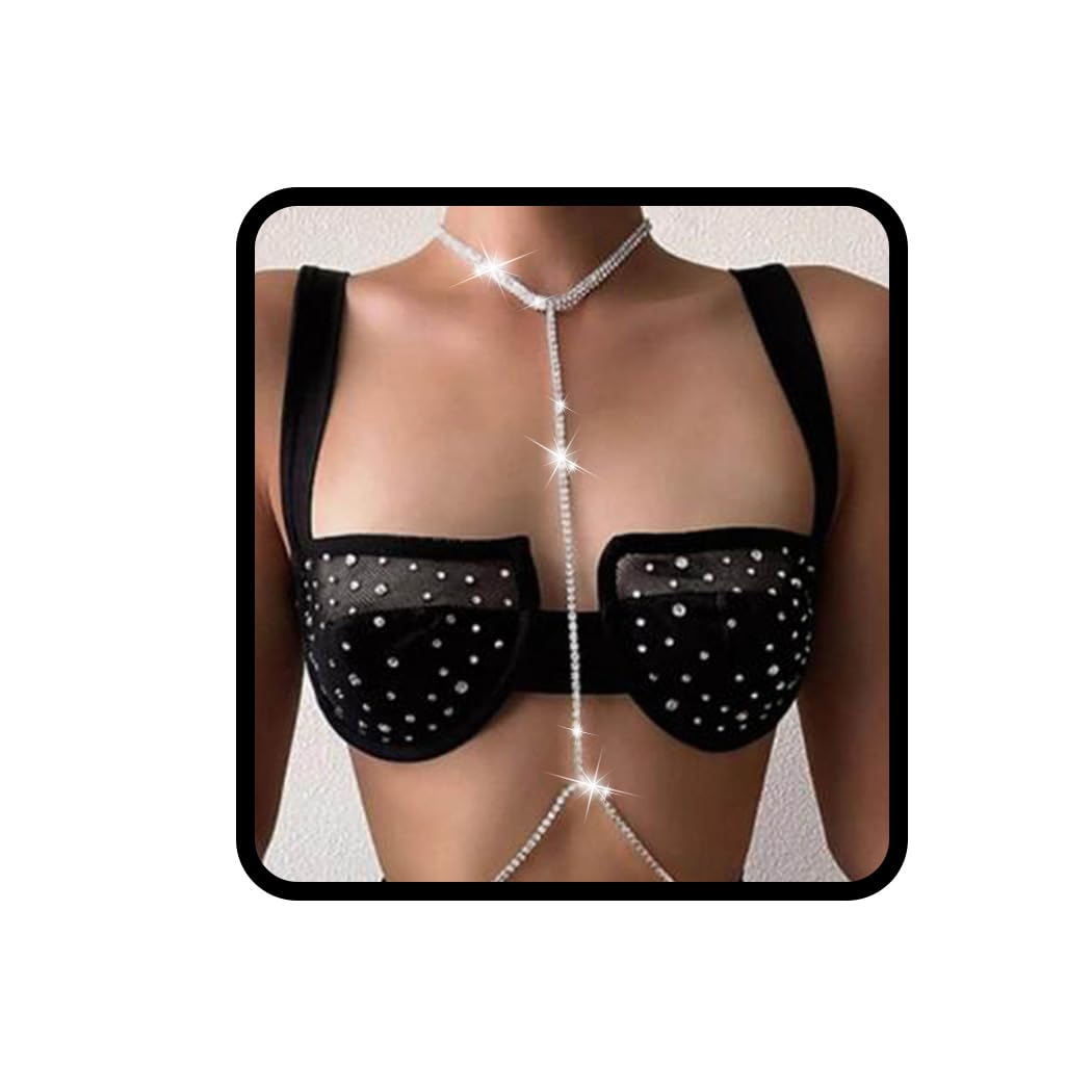 Tgirls Rhinestone Bra Body Chain - Silver Sexy Chest Body Jewelry for Women, Perfect for Rave Parties, Bikini Belly Dance & Festival Outfits
