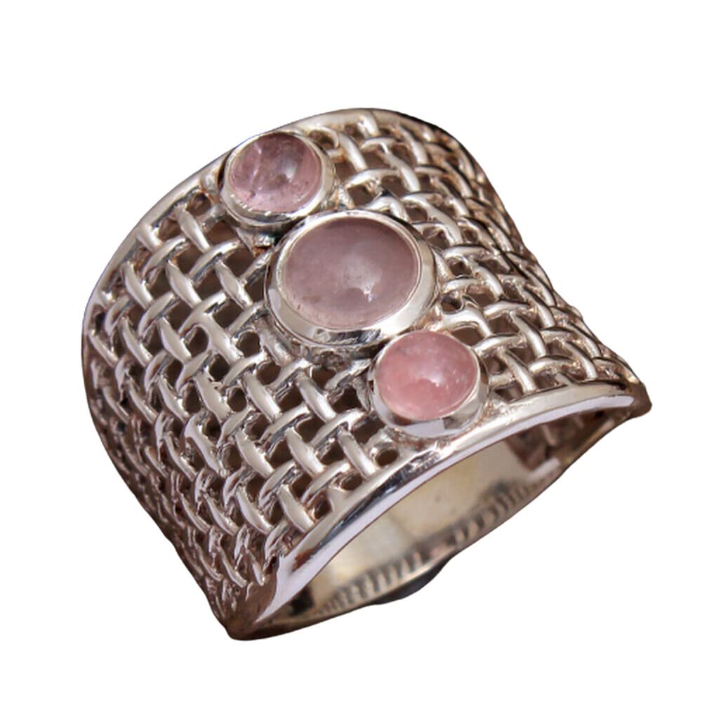 Rose Quartz 925 Sterling Silver Rings for Women - Light Pink Bridesmaid Jewelry, Round Gemstone Engagement Rings, Wide Band Bezel Set Handmade Rings for Wedding, Anniversary & Everyday Wear