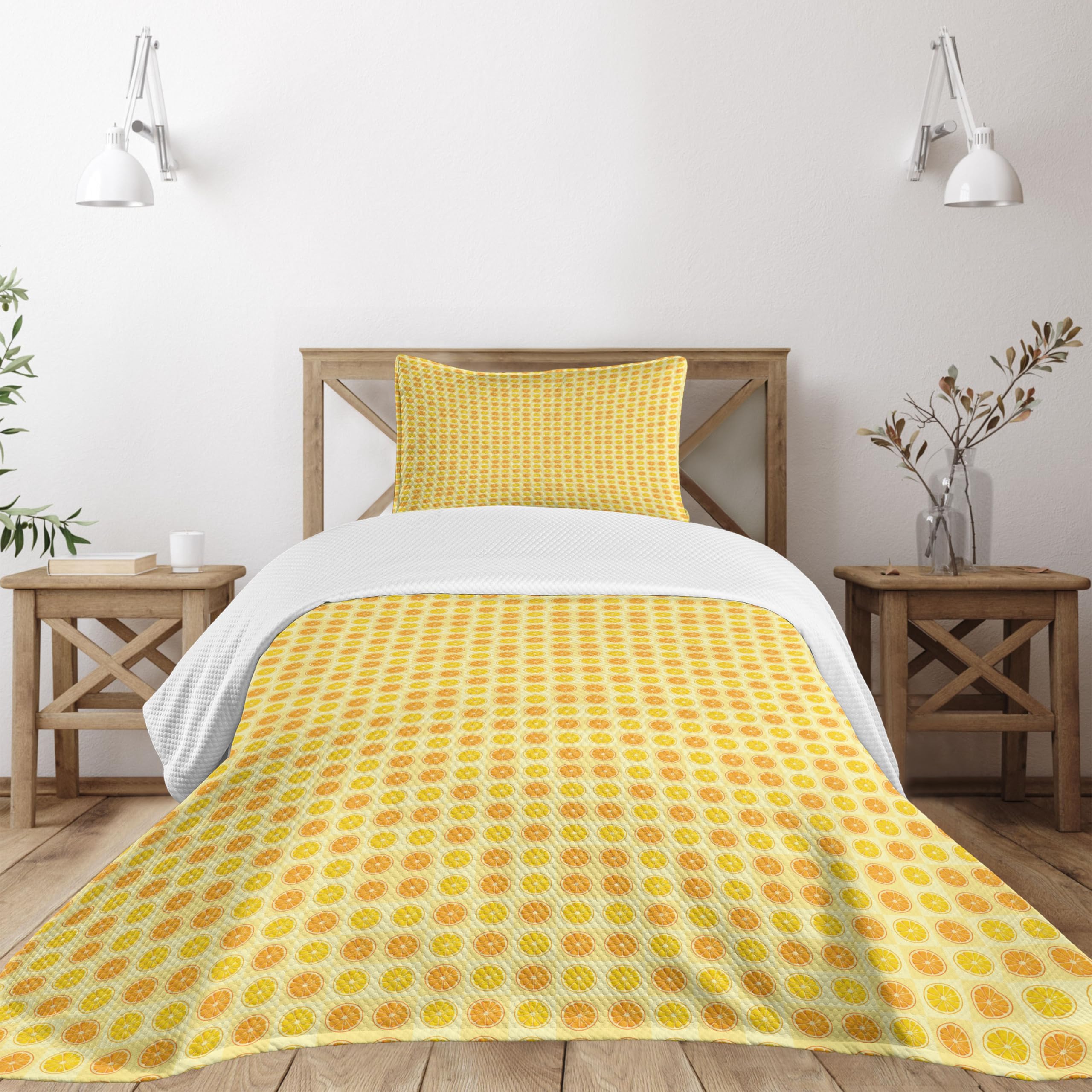 Ambesonne Citrus Fruit Bedspread Set - Twin Size, Pale Yellow for Cozy Bedroom Decor