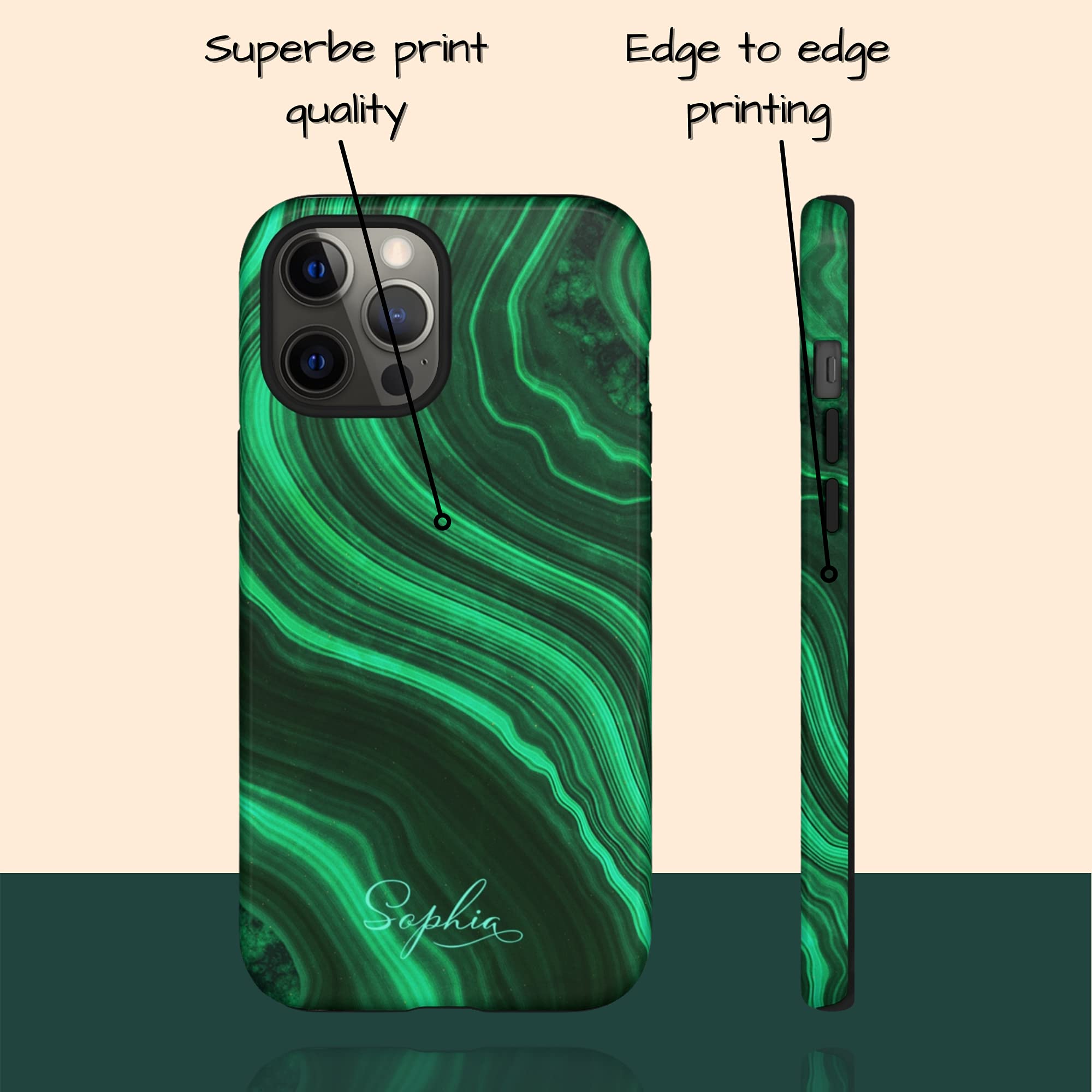 Custom Emerald Malachite Agate Marble Phone Case - Personalized Name Engraved - Compatible with iPhone 16 Plus/15 Pro Max/14/13 Mini/12/11/X/XS Max/XR/7/8 - Trendy Protective Cover for Work, Travel & Everyday Use