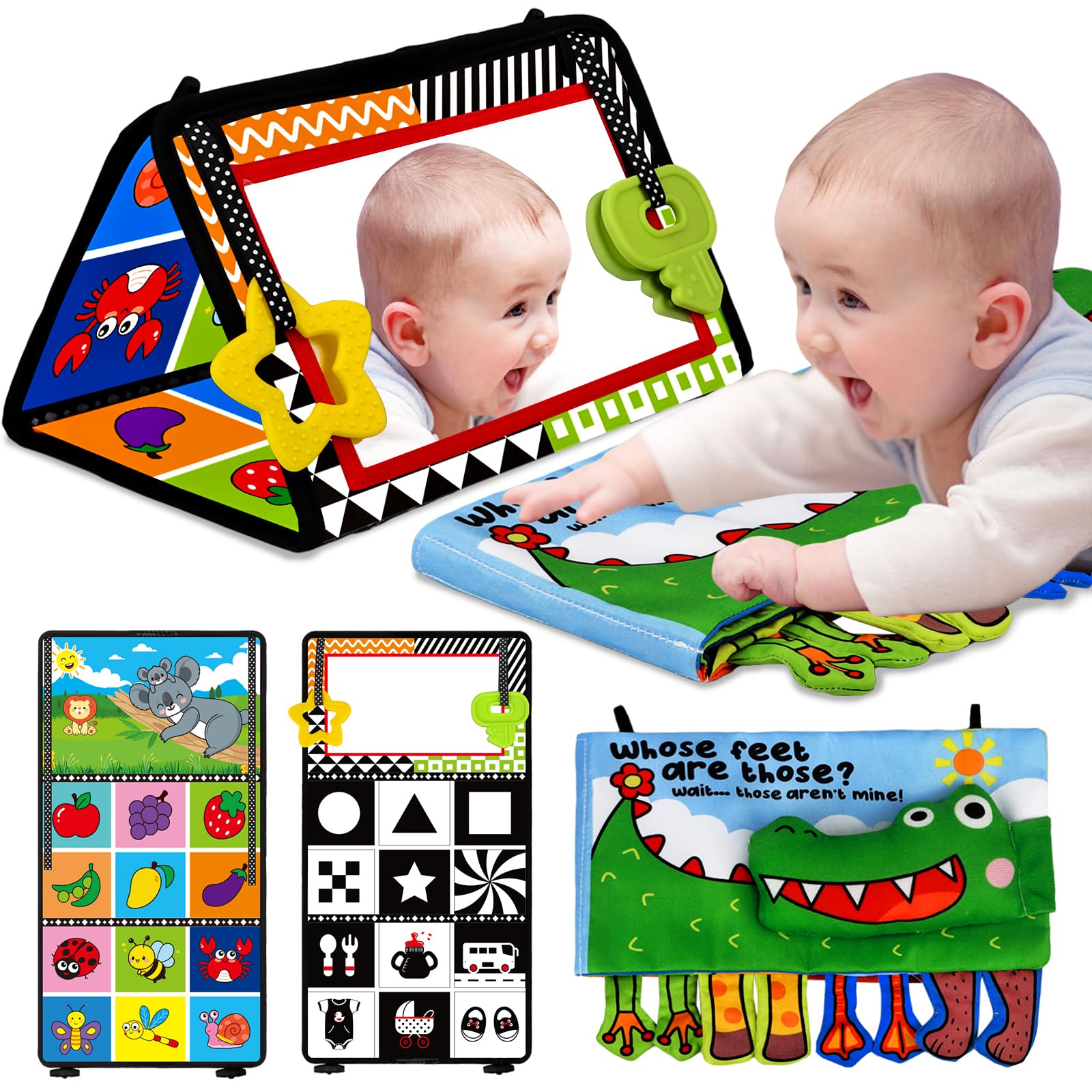 Black & White Baby Mirror Toy - 0-6 Months Brain Development for Tummy Time & Sensory Play