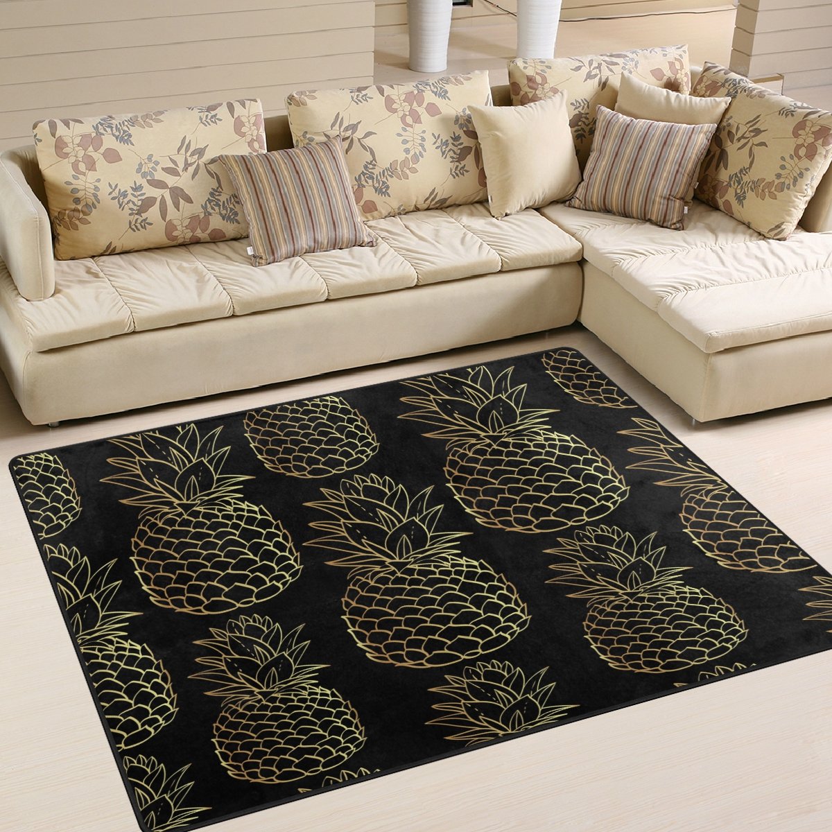 ALAZA Abstract Gold Pineapple Print Area Rug 7' x 5' - Non-Slip Modern Floor Mat for Living Room, Bedroom, Dorm Decor | Tropical Home Accent & Instagrammable Photo Backdrop