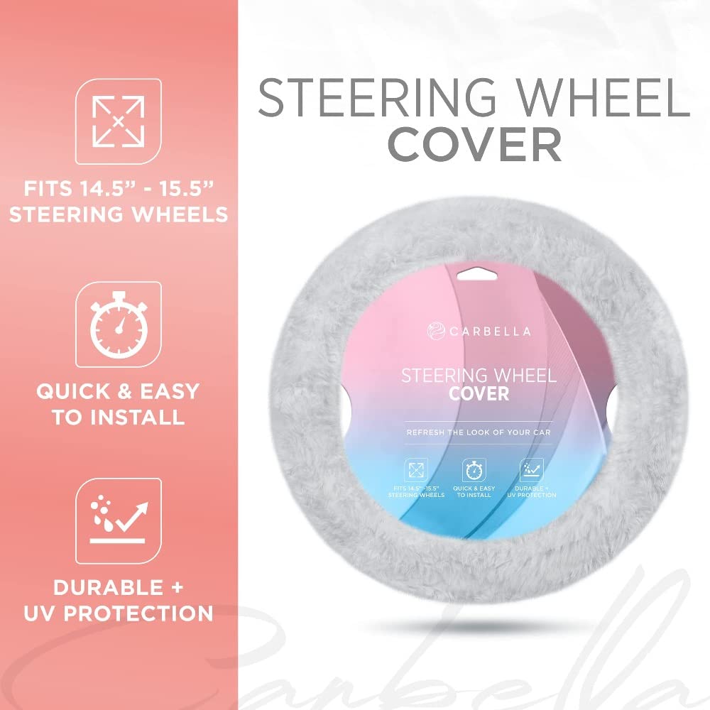 Gray Fuzzy Steering Wheel Cover - Standard 15 Inch Universal Fit for Most Cars, Soft Fluffy Faux Fur Car Steering Wheel Protector - Comfortable & Stylish Car Accessories for Women | Perfect for Winter Driving & Daily Commute