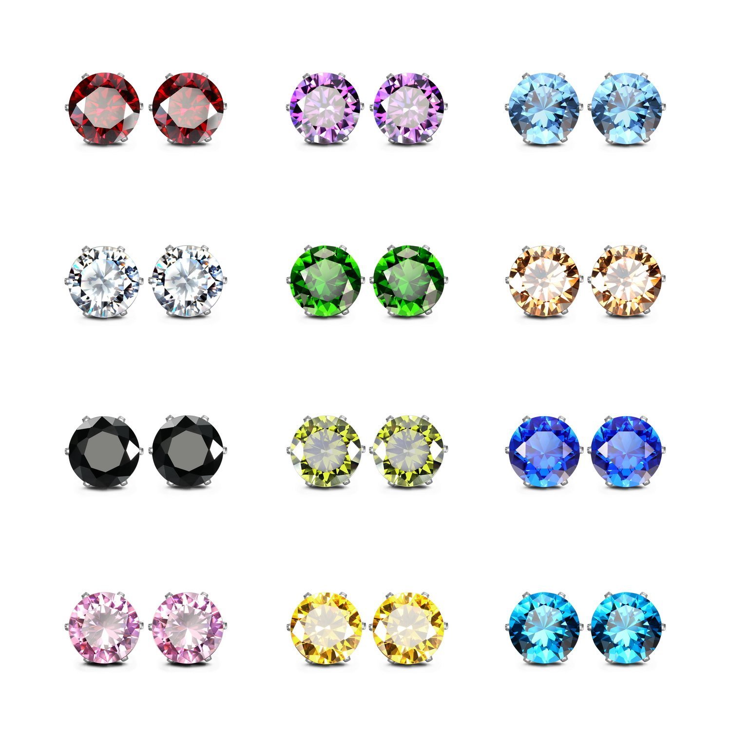 Hypoallergenic Stainless Steel CZ Birthstone Stud Earrings for Women - 12 Pairs 6mm Cubic Zirconia Earrings - Perfect for Gifts, Daily Wear & Special Occasions