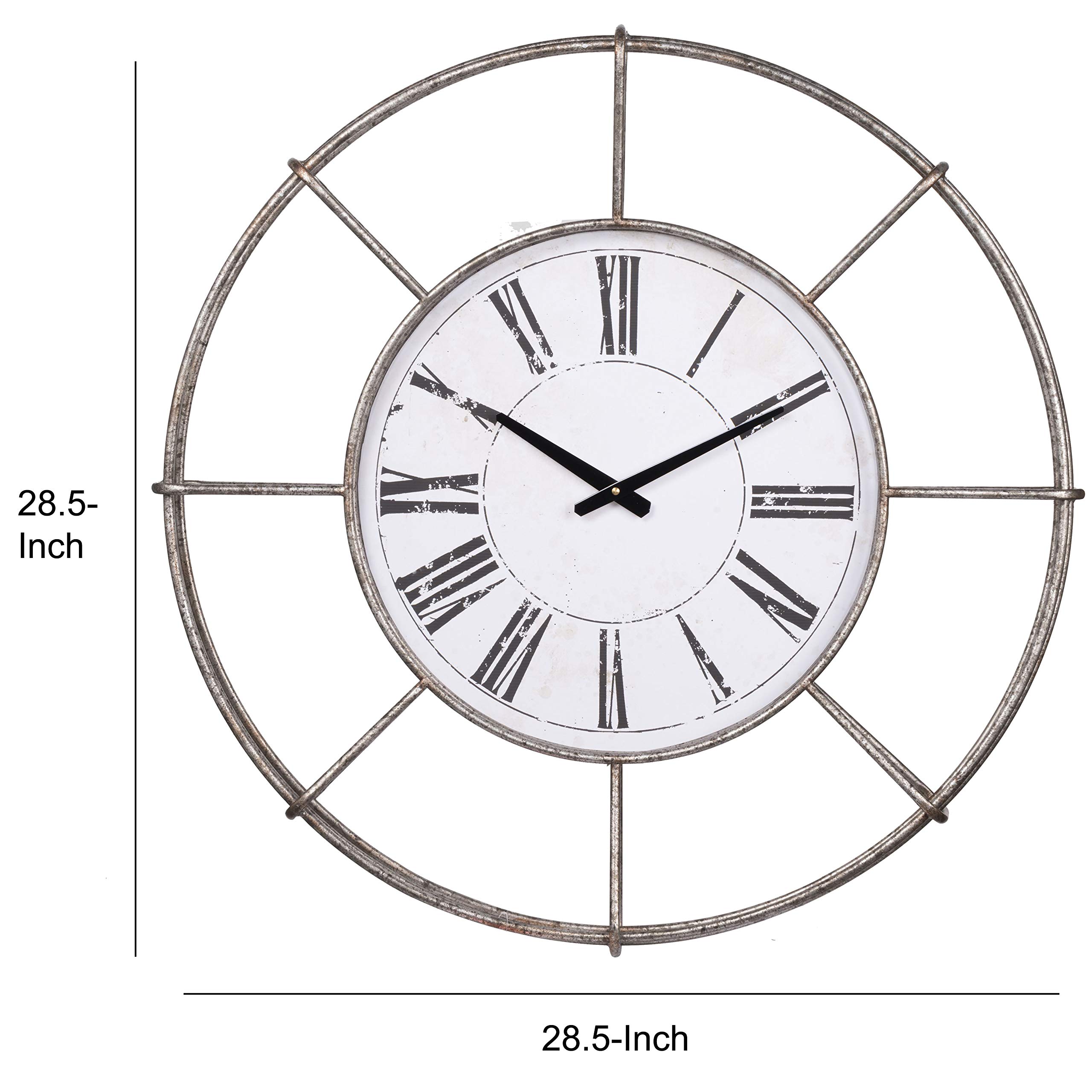 Benjara 12 Inch Metal Wall Clock with Roman Numerals - White & Silver Finish - Perfect for Living Room, Bedroom, or Office Decor