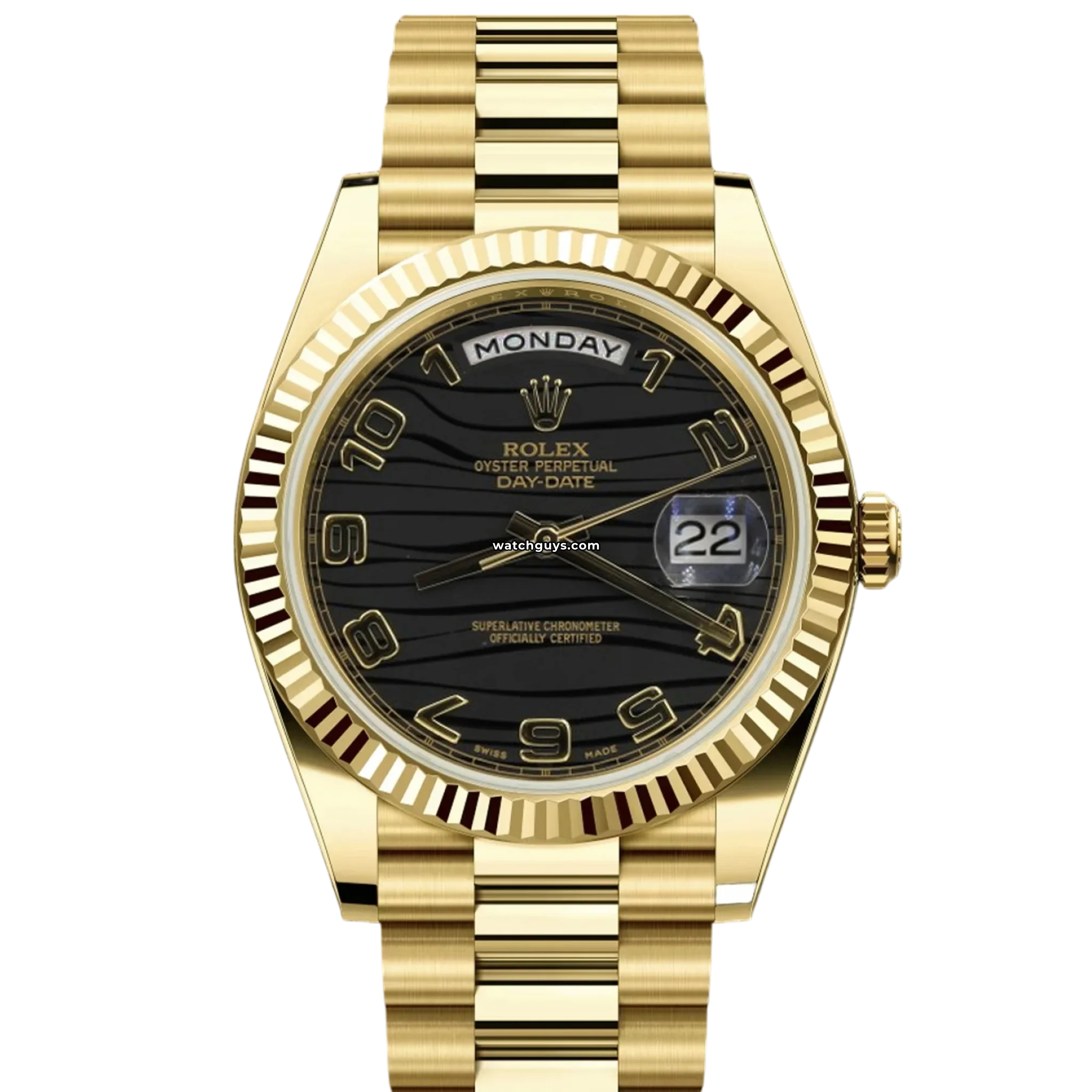 Rolex Day Date 218238 18K Yellow Gold Men's Watch with Black Wave Motif & Arabic Numerals - Luxury Dress Watch for Business & Formal Occasions