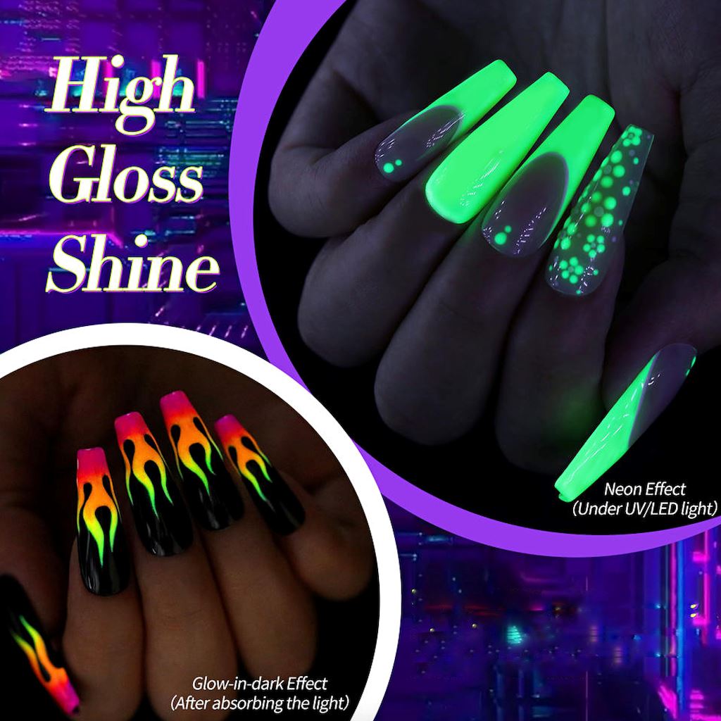 Glow in The Dark Gel Nail Polish Set - 6 Fluorescent Colors for UV & LED Lamps, Long-Lasting Nail Art Kit - Perfect for Halloween, Parties, Night Events & DIY Manicures