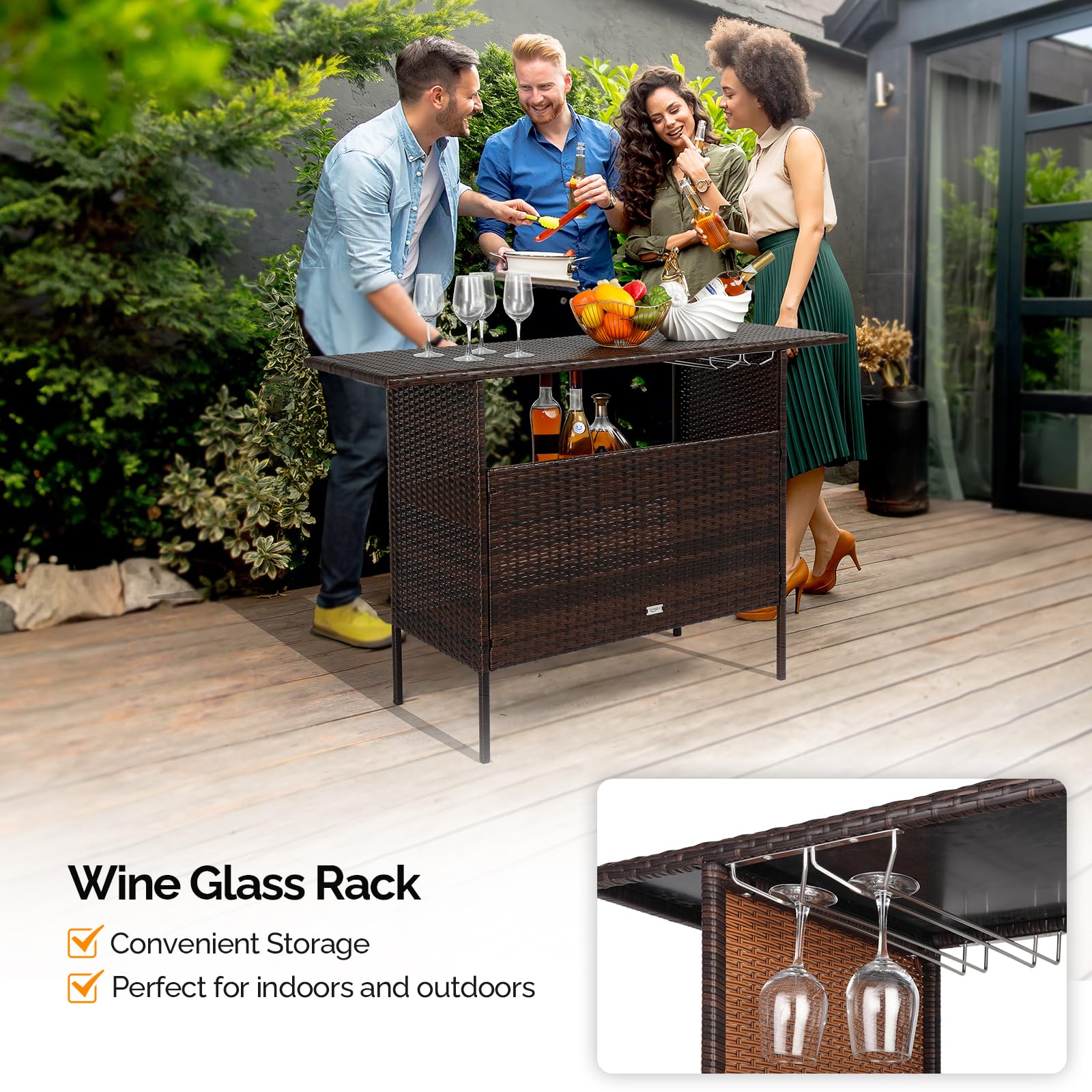 VINGLI Outdoor Bar Table with 2 Steel Shelves & Rails - Rattan Wicker Patio Storage Furniture for Backyard, Poolside, Garden - Perfect for Outdoor Entertaining & Relaxation