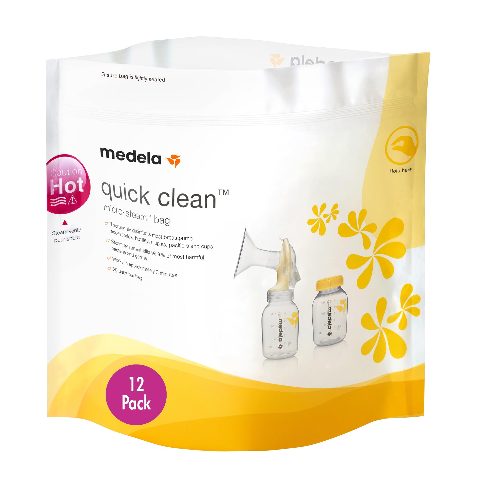 Medela Quick Clean MicroSteam Bags - 12 Pack Sterilizing Bags for Baby Bottles & Breast Pump Parts | Kills 99.9% of Germs & Bacteria | Safe for Most Breast Pump Accessories | Perfect for Travel, Daycare & Home Use (Yellow)