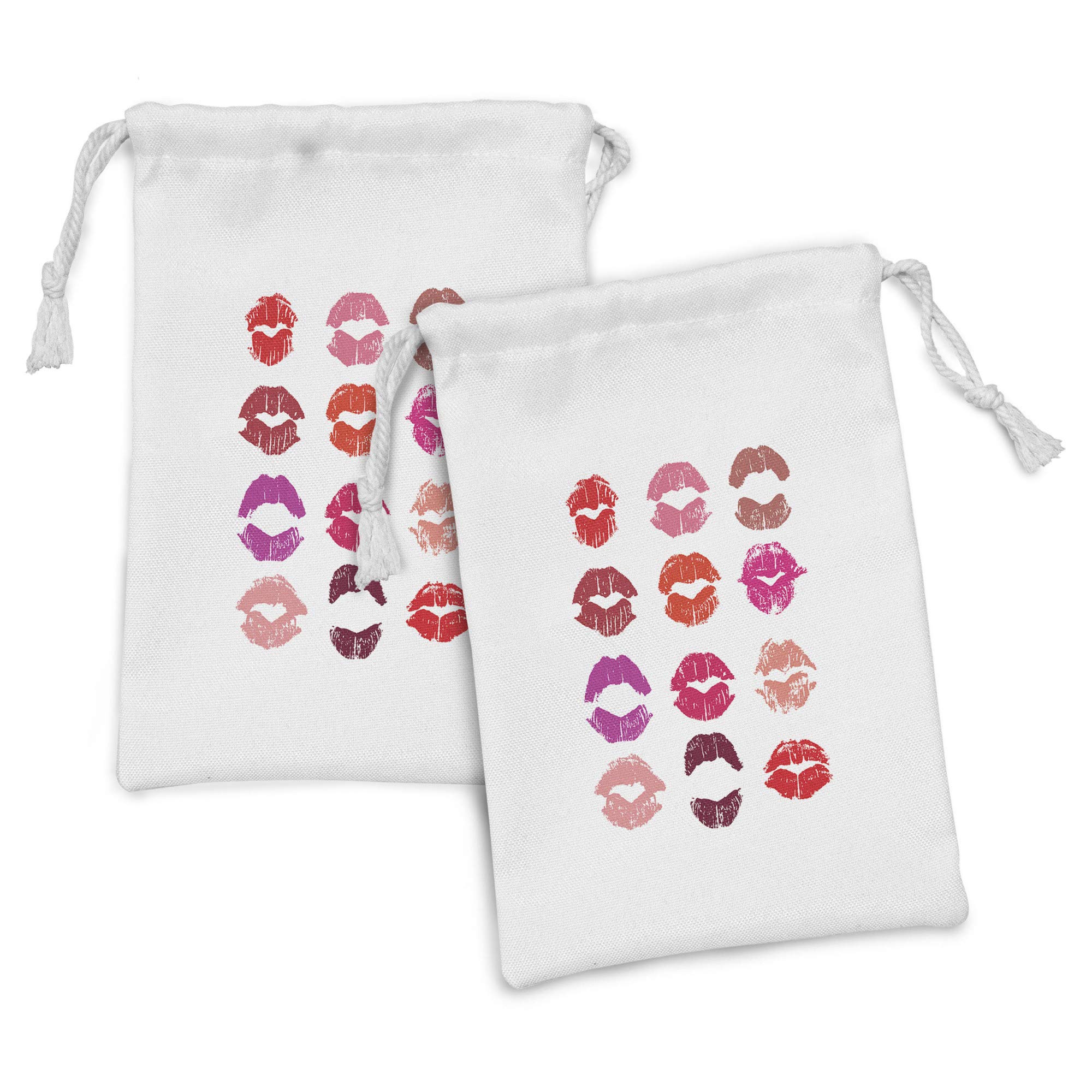 Ambesonne 2-Pack Lip Print Fabric Pouches - Colorful Drawstring Bags for Toiletries, Makeup, Jewelry & Party Favors (9