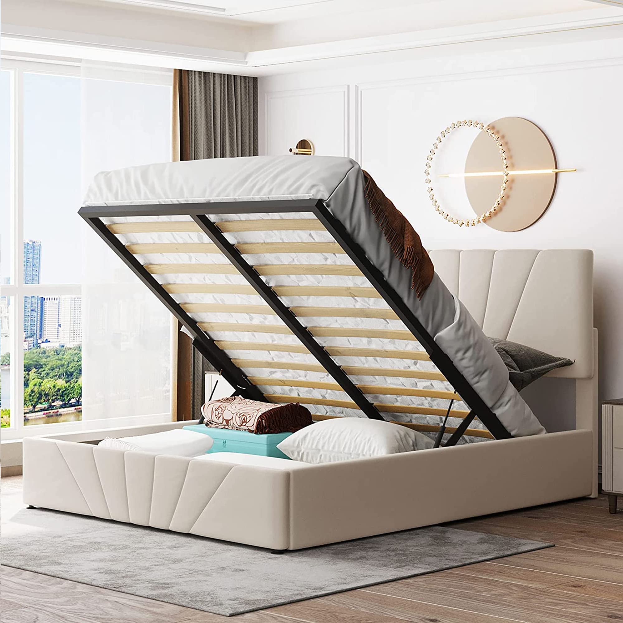 Queen Size Upholstered Platform Bed Frame with Gas Lift Hydraulic Storage System & Tufted Headboard - Beige Fabric Wooden Storage Bed for Small Space Bedroom, Guest Room or Apartment