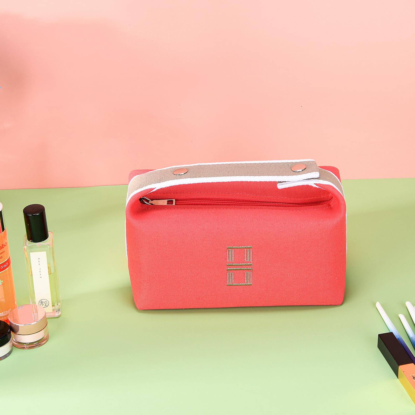 Fashion Makeup Travel Bag - Orange Red Canvas Cosmetic Organizer for Women | Perfect for Travel & Daily Use