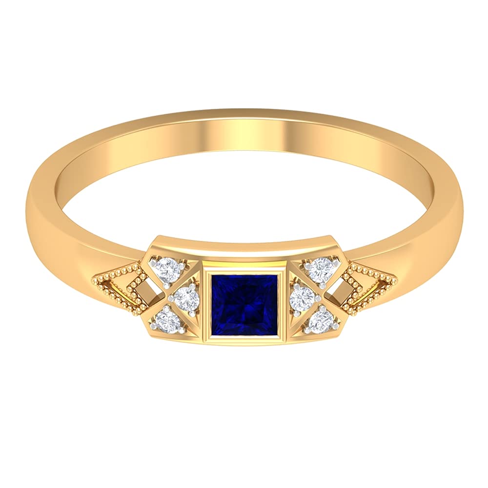 1/4 CT Lab-Created Blue Sapphire & Diamond Ring in 14K Solid Gold - Princess Cut Promise Ring with Diamond Accents for Engagement, Anniversary & Special Occasions