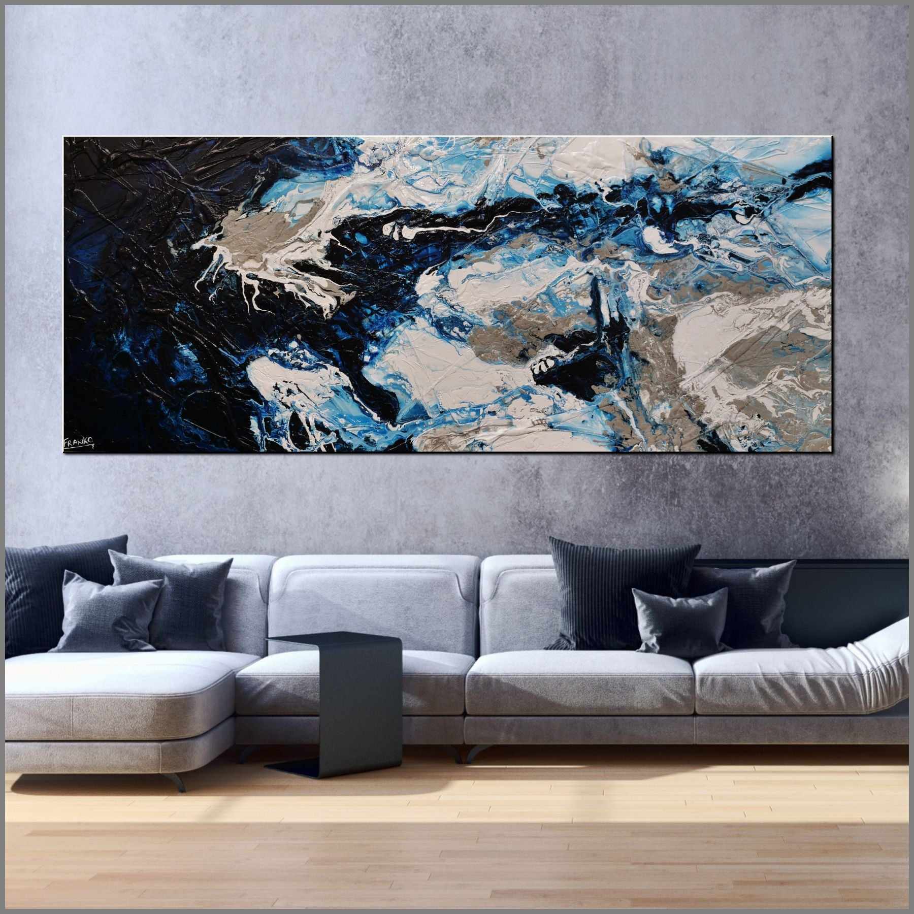 Midnight Rapture 94.5x39.4 Inch Blue Grey White Textured Abstract Canvas Wall Art - Perfect for Modern Living Room, Bedroom & Office Decor