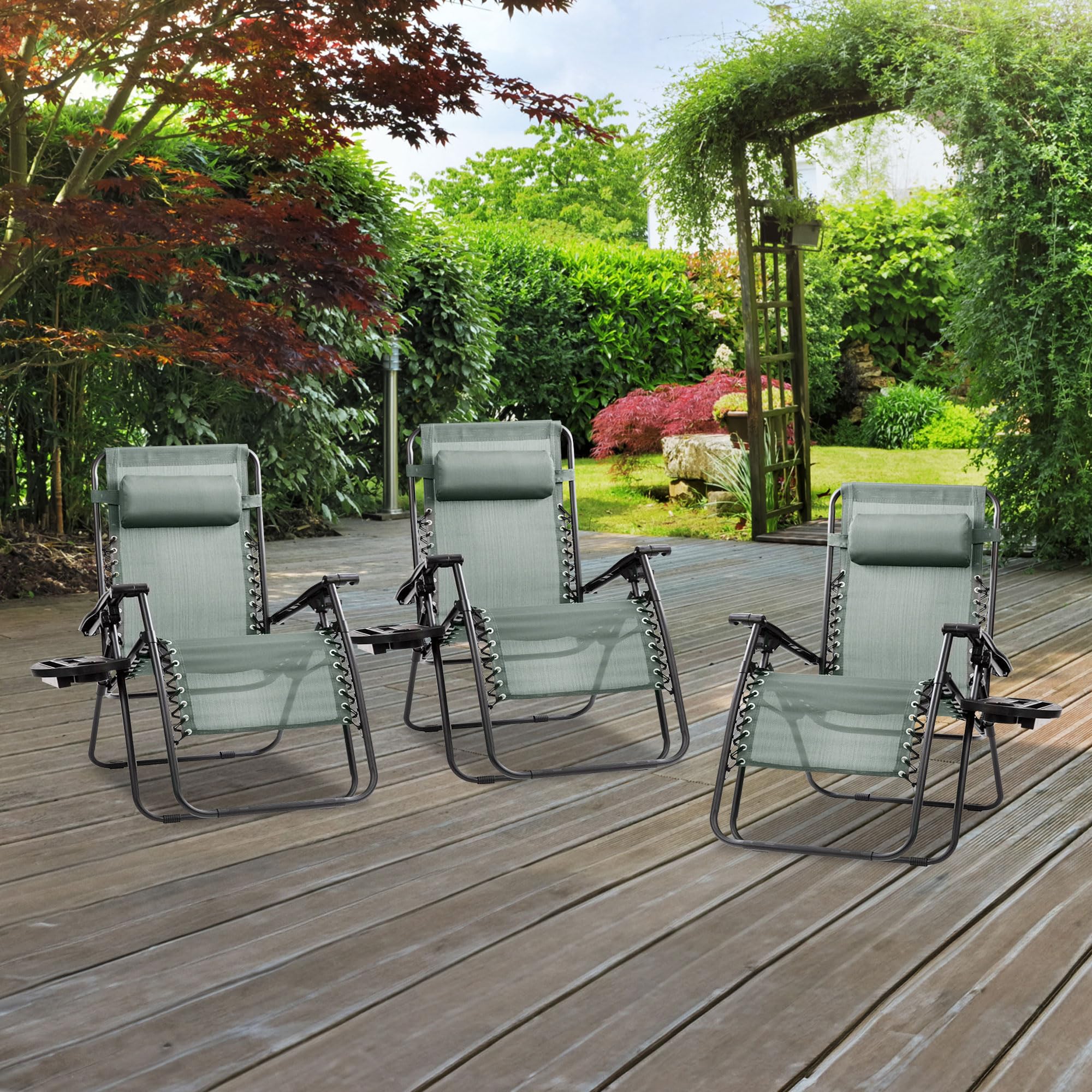 Sunny Isles XL Zero Gravity Outdoor Patio Reclining Chair - Steel Frame Comfortable Lounge Seating Furniture Set (3 Pack, Green) - Perfect for Backyard, Poolside & Beach Relaxation