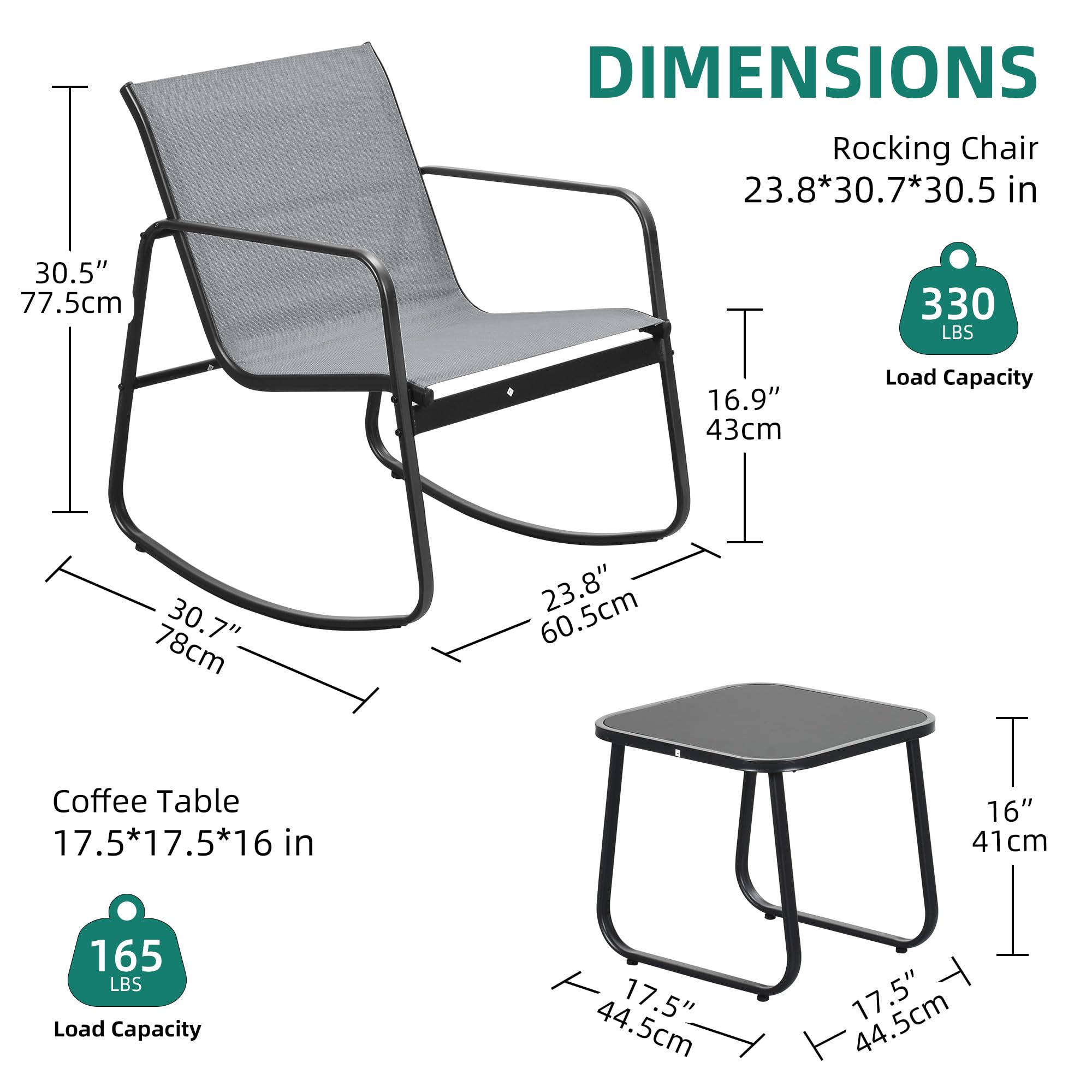 YITAHOME 3-Piece Patio Furniture Set - Small Outdoor Conversation Set with Textilene Fabric Bistro Rocking Chairs & Glass Table for Balcony, Backyard, Lawn, Porch, Garden, Poolside (Grey) - Perfect for Relaxing, Entertaining & Outdoor Dining
