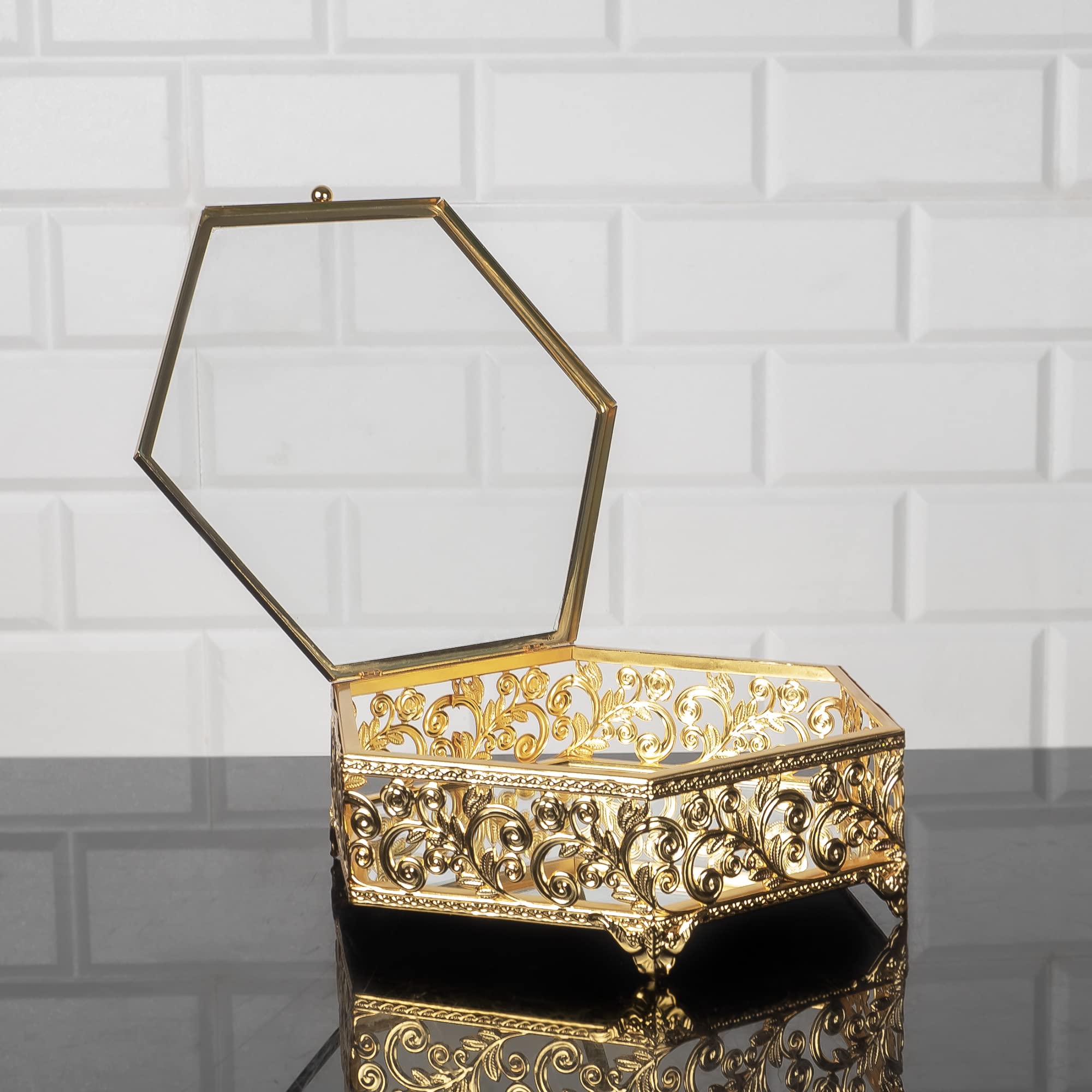 Handmade Hexagon Metal Jewelry Box with Lid - Vintage Gold Keepsake Display Case for Home Décor, Storage & Gift Giving (Small, Gold) - Perfect for Rings, Necklaces & Small Treasures