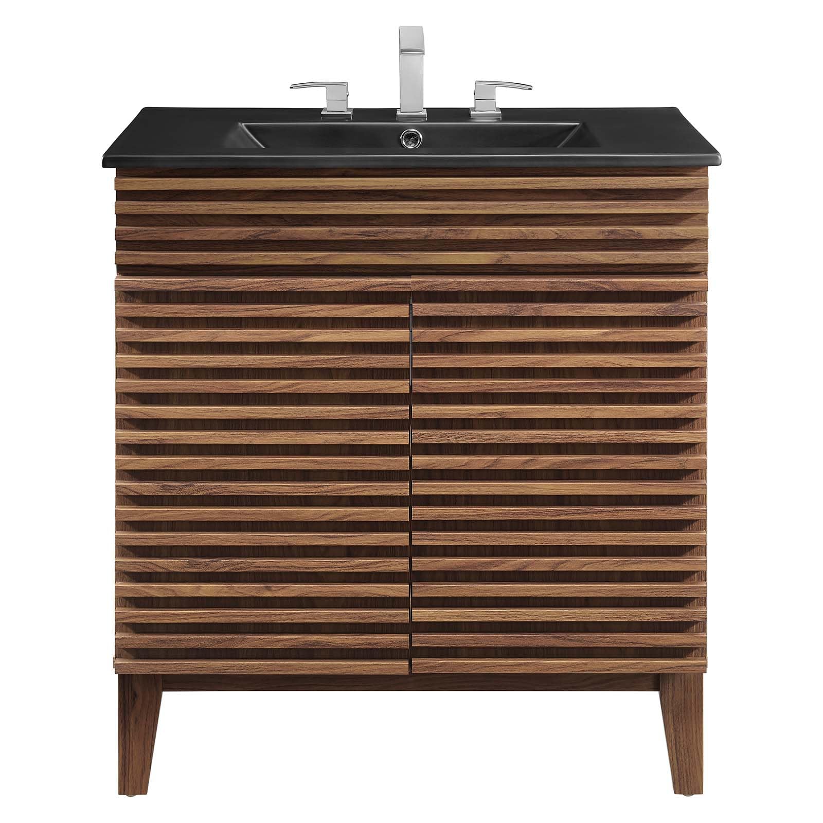 Modway 30 Inch Walnut Black Vanity with Sink - Modern Bathroom Floor Cabinet for Small Spaces, Perfect for Apartments & Powder Rooms