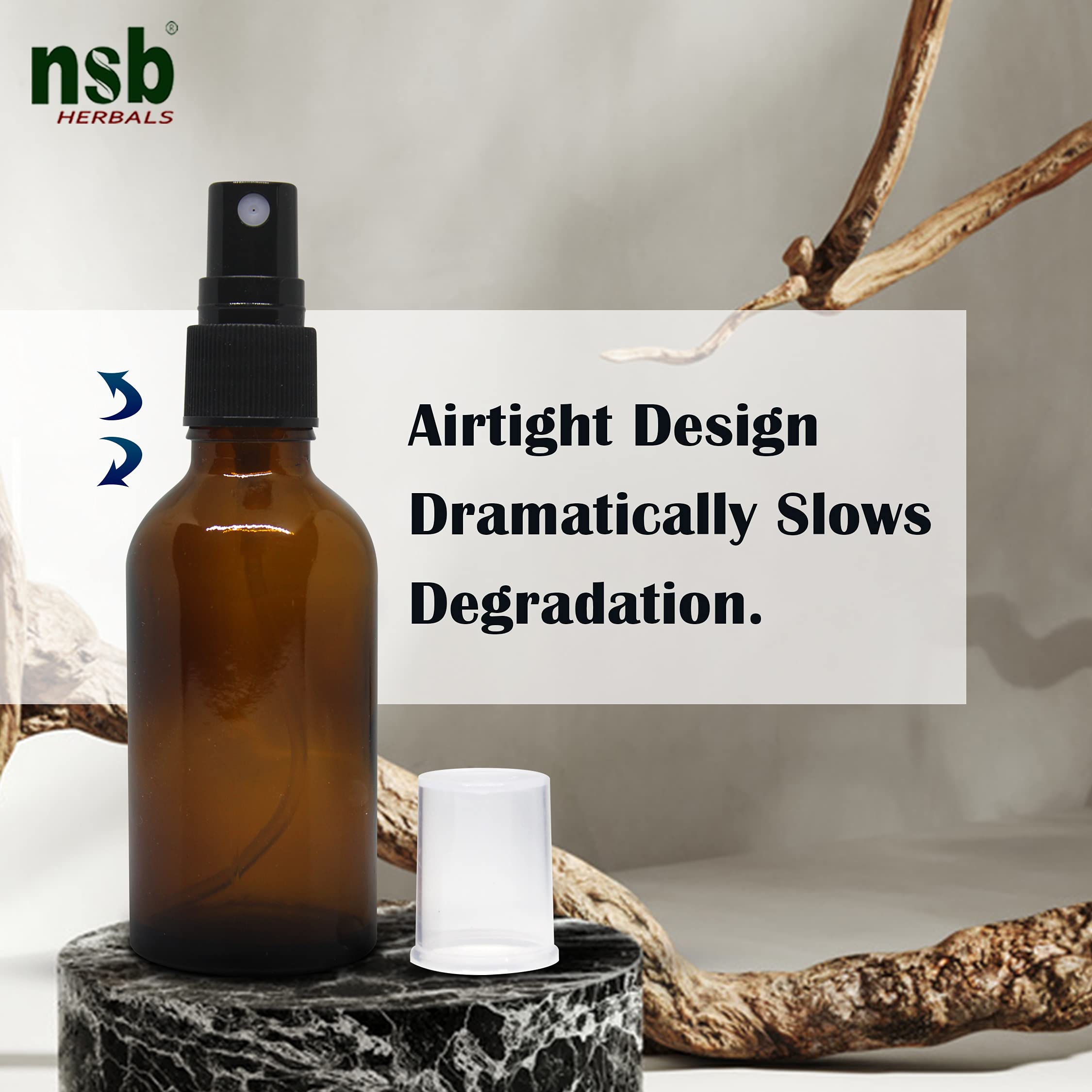 NSB Herbals 50ml Refillable Amber Glass Spray Bottles with Leak-Proof Pump - Perfect for DIY Perfume, Essential Oils, Aromatherapy, Beauty Products & Skincare (Pack of 3) | Great for Travel, Home Spa & Gift Sets