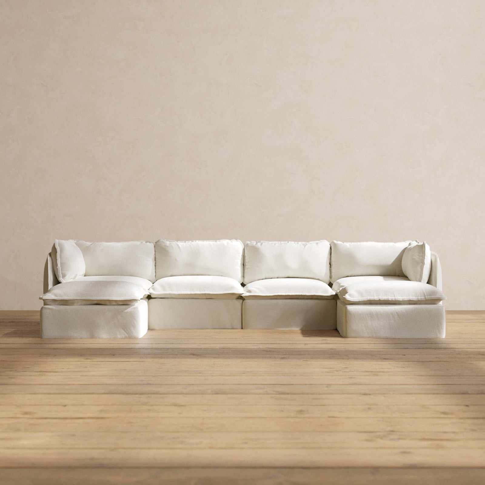 Modular Performance 4-Seater U-Shaped Sectional Sofa in Eggshell White | Premium Relaxed Blend Fabric | Perfect for Living Rooms, Family Gatherings & Home Theater Spaces