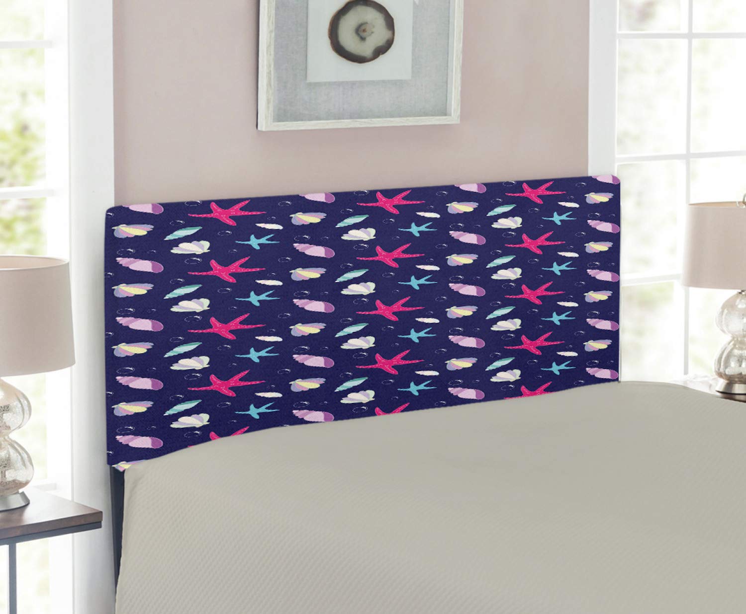 Ambesonne Navy and Blush Upholstered Headboard - Nautical Marine Pattern with Shells, Starfish & Bubbles - Twin Size Decorative Metal Bed Headboard with Memory Foam - Perfect for Coastal, Beach House or Nautical Theme Bedrooms