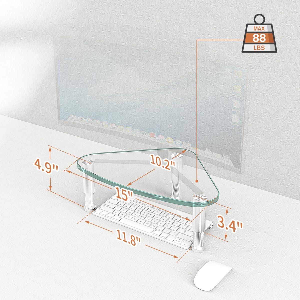 Hemudu Clear Glass Monitor Stand - Universal Triangle Corner Riser for Computer Monitor & Laptop (HD01T-003) - Perfect for Home Office, Gaming Setup & Workspace Organization