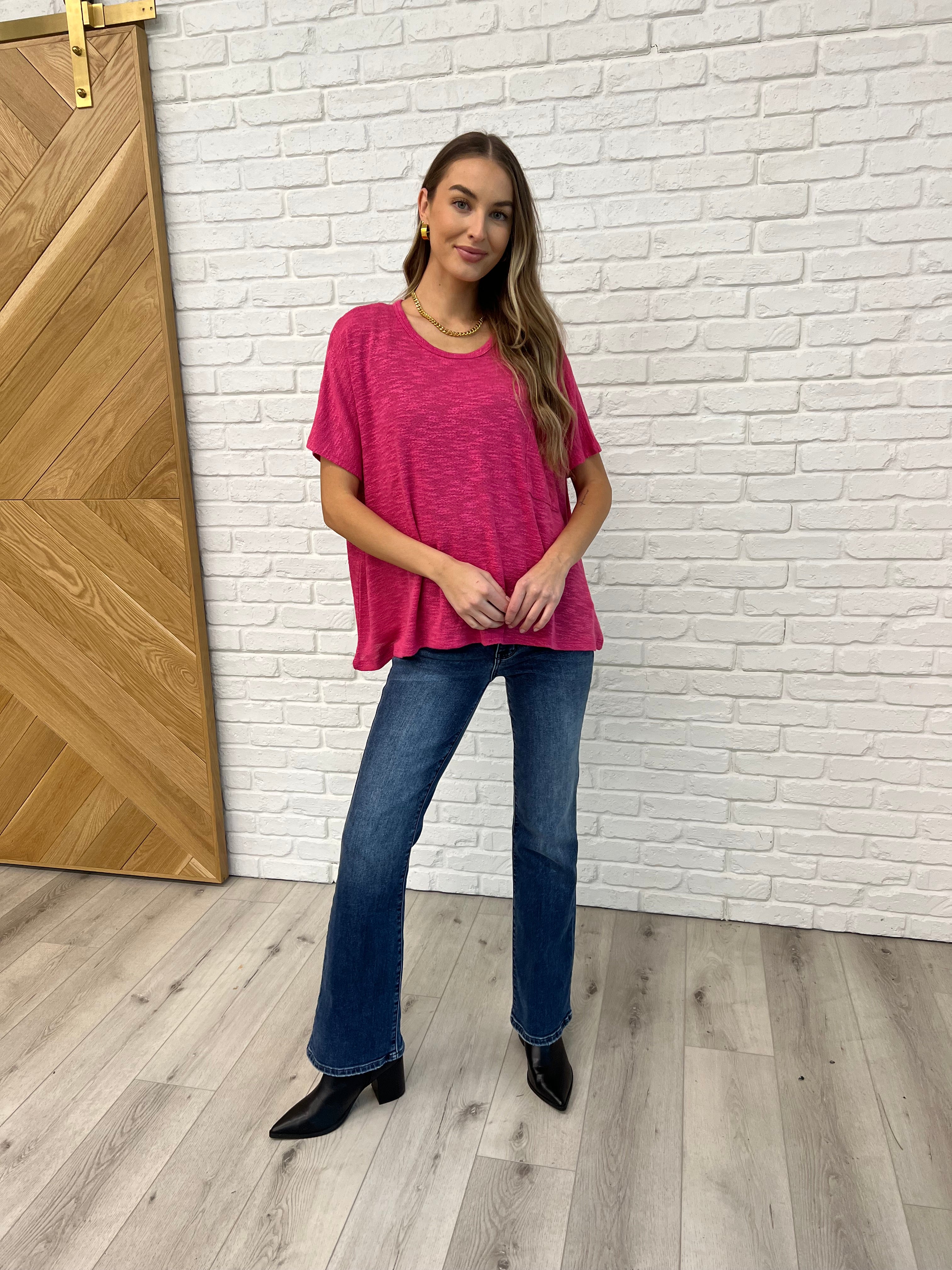 Flowy Dolman Sleeve Blouse in Hot Pink - Women's Loose Fit Casual Tunic Top for Summer Outfits & Layering