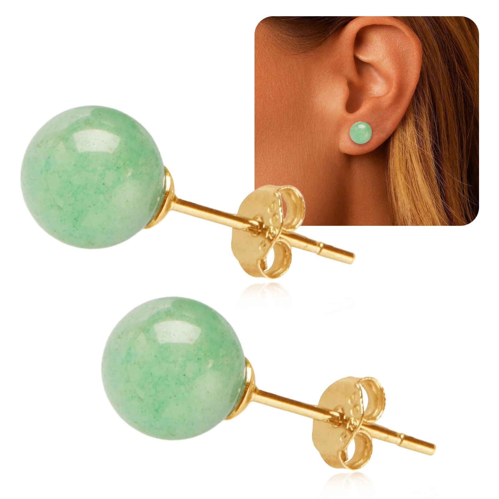 Handmade Green Jade Stud Earrings for Women - 18k Gold & Sterling Silver Post Earrings for Sensitive Ears - Hypoallergenic Jewelry Gift for Birthday & Anniversary (8mm Ball, Gold) - Perfect for Weddings, Parties & Everyday Elegant Wear