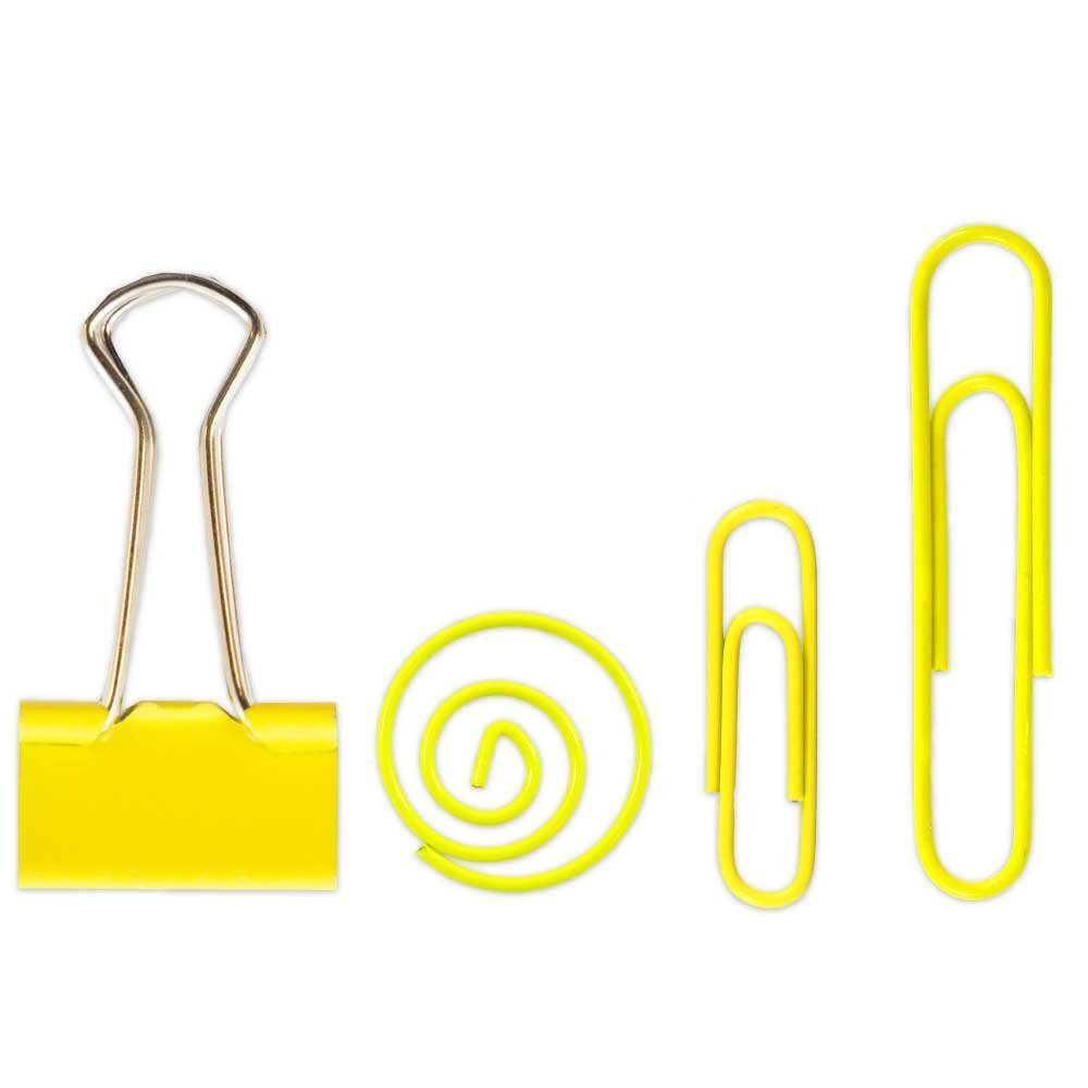 JAM PAPER Office Clip Assortment - 4-Piece Set with Binder Clips, Round Paper Clips & Regular/Jumbo Paper Clips in Yellow - Perfect for Organizing Documents, School Supplies & Office Work
