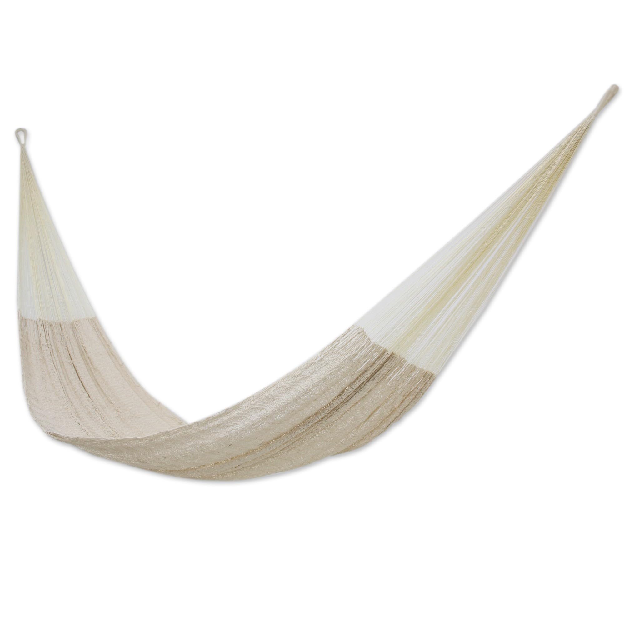 NOVICA Natural Off White Hand Woven Cotton Blend Mayan Hammock for 1 Person - Breathable Rope Hammock with Wooden Spreader Bars | Perfect for Backyard, Patio, Beach & Camping Relaxation