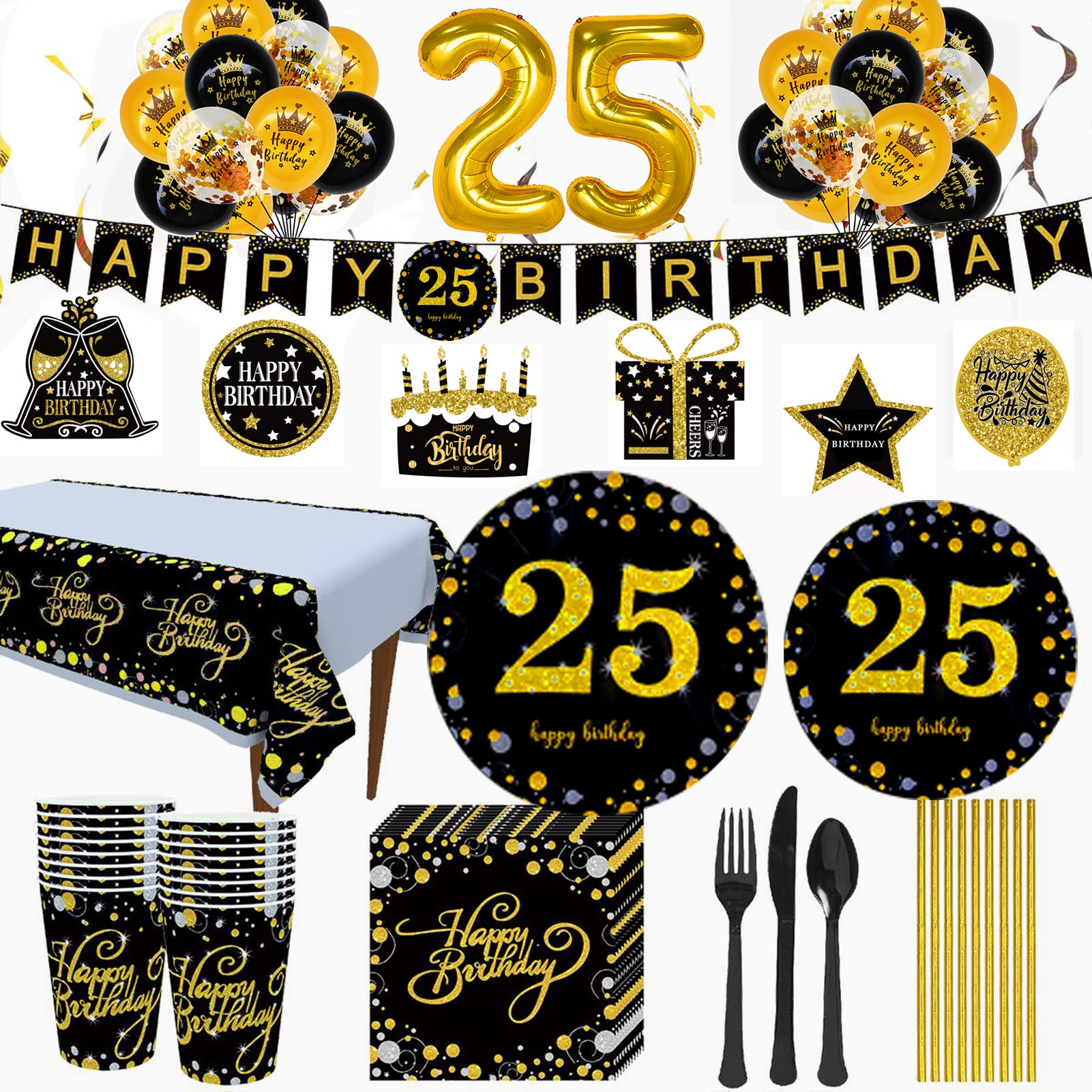 25th Birthday Party Supplies - Black & Gold Disposable Dinnerware Set for 24 Guests | Includes Plates, Cups, Cutlery, Tablecloth & Balloons | Perfect for Anniversary Celebrations, Milestone Parties & Elegant Gatherings