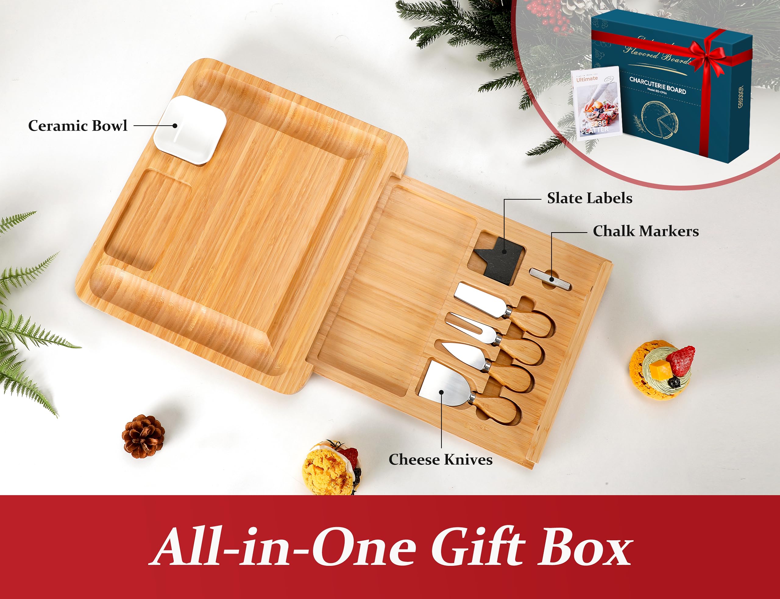 Premium Bamboo Cheese Board Set - Large Charcuterie Platter with 4 Stainless Steel Serving Knives | Perfect for Wine Parties, Housewarming Gifts, Weddings & Birthday Presents for Women & Men | Elegant Entertaining & Gourmet Cheese Tasting