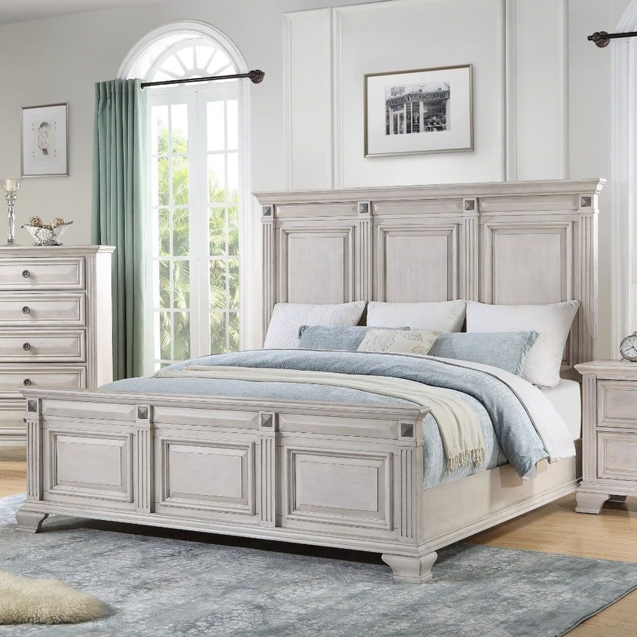 Distressed Parchment Wood Panel Bed - Rustic Farmhouse Bed Frame for Bedroom, Vintage Style with Antique Finish - Perfect for Master Bedroom, Guest Room, or Cozy Cottage Retreat