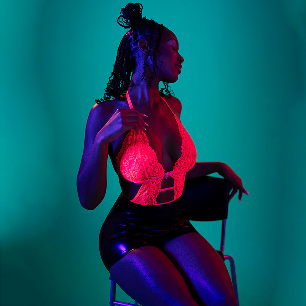 Exposed Get It Girl UV Reactive Lace Halter Cutout Teddy - Sexy Lingerie for Women, Glow in Black Light, Perfect for Nightclub, Bachelorette Party & Romantic Occasions