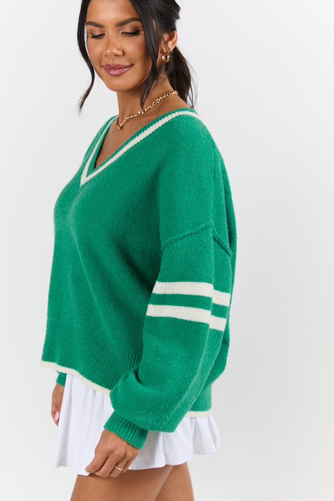 All The Good Green V-Neck Varsity Sweater for Men & Women | Cozy Casual Pullover | Perfect for School, College, and Streetwear Fashion | FINAL SALE
