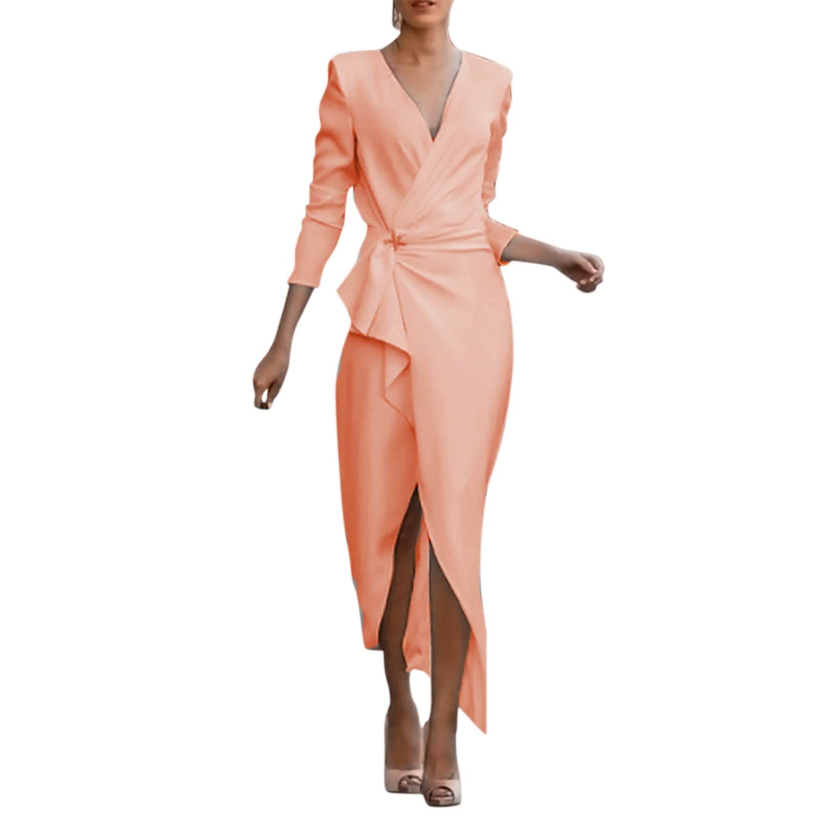 Women's Summer Casual V-Neck Long Sleeve Sun Dress with Irregular Hem - Solid Color Beach Dress for Outdoor, Vacation & Party Wear