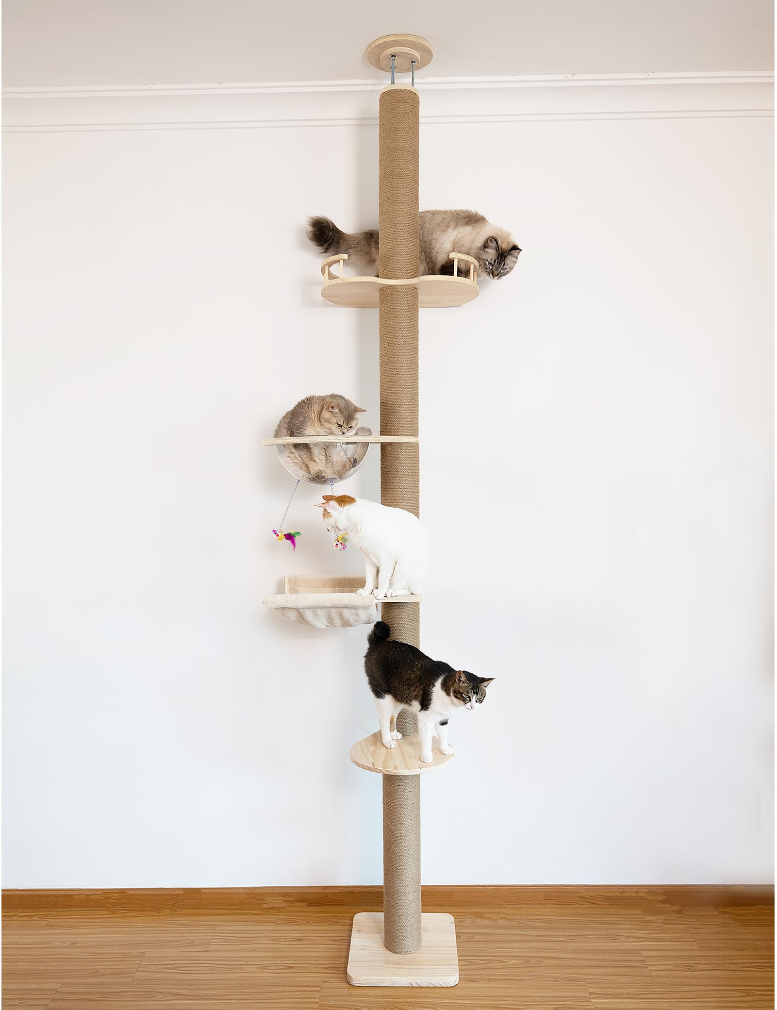 Premium Adjustable Cat Tree Floor to Ceiling - 55.52-118.5 Inch Natural Sisal Scratching Post & Activity Center for Indoor Cats | Perfect for Small Spaces & Multi-Cat Homes
