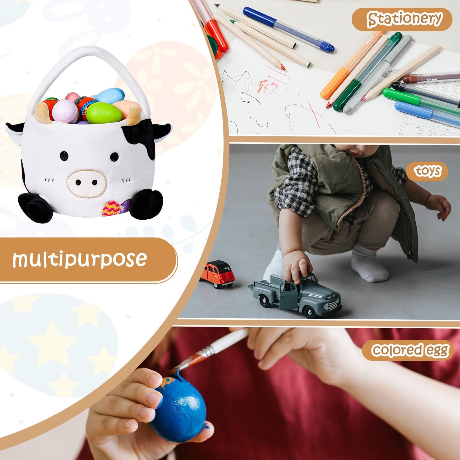 Easter Baskets for Kids - Adorable Cow Design Easter Egg Buckets, Perfect Easter Hunting Festival Gifts for Boys & Girls - Great for Easter Egg Hunts, Party Favors, and Spring Decorations