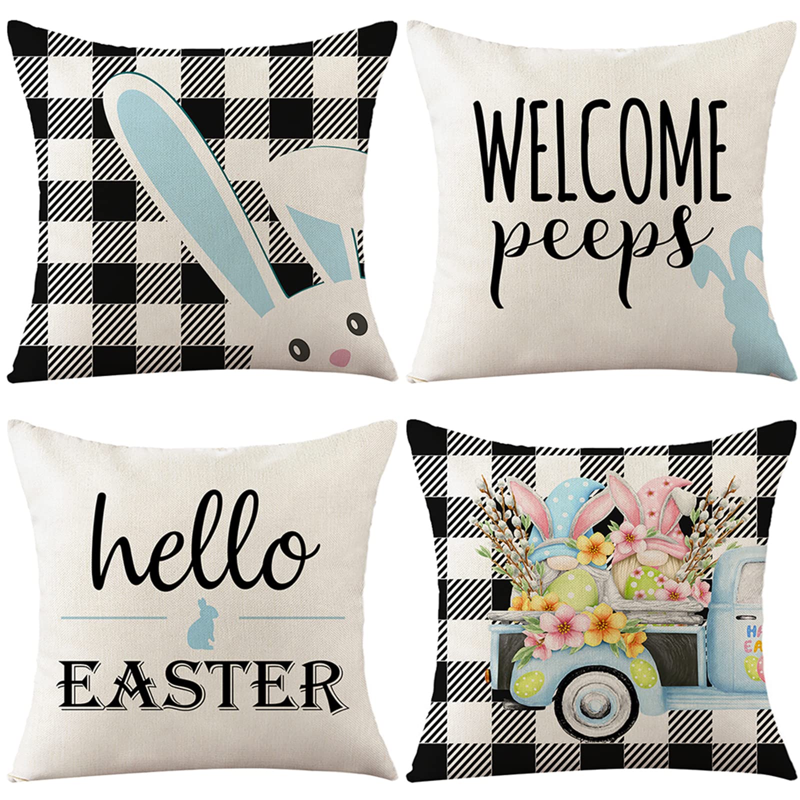 Easter Pillow Covers 18x18 Inch Set of 4 - Spring Farmhouse Decor with Bunny, Egg & Carrot Designs - Cozy Throw Cushion Cases for Sofa, Couch & Home Decor | Perfect for Easter Celebrations & Seasonal Home Styling