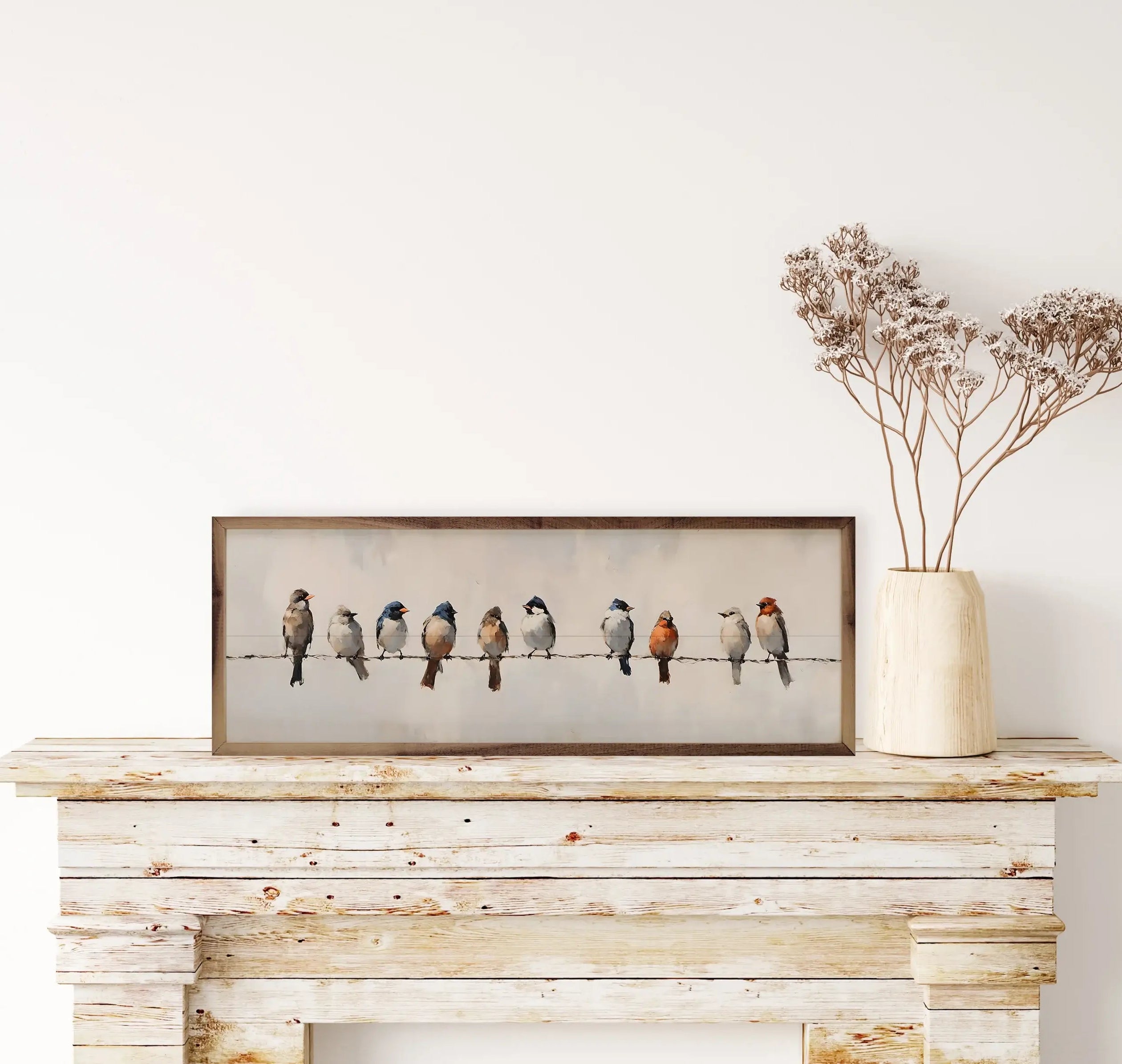 Birds on a Wire Wood Framed Print - Nature Wall Art Decor for Living Room, Bedroom & Office - Handmade Wooden Picture Frame with Rustic Charm
